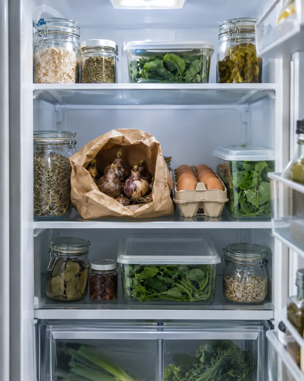 Brown paper bag of hyacinth bulbs on a refrigerator shelf next to jars and leafy greens, with no apples in the fridge