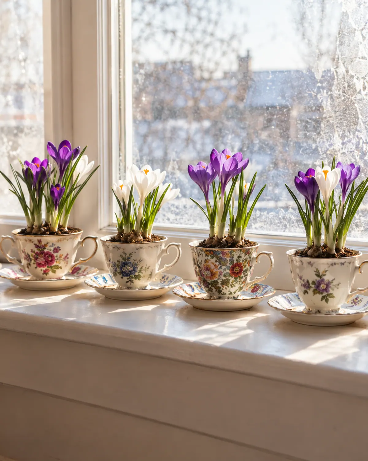 Purple crocus flowers forced in mismatched vintage teacups lined up on a sunny windowsill in late winter