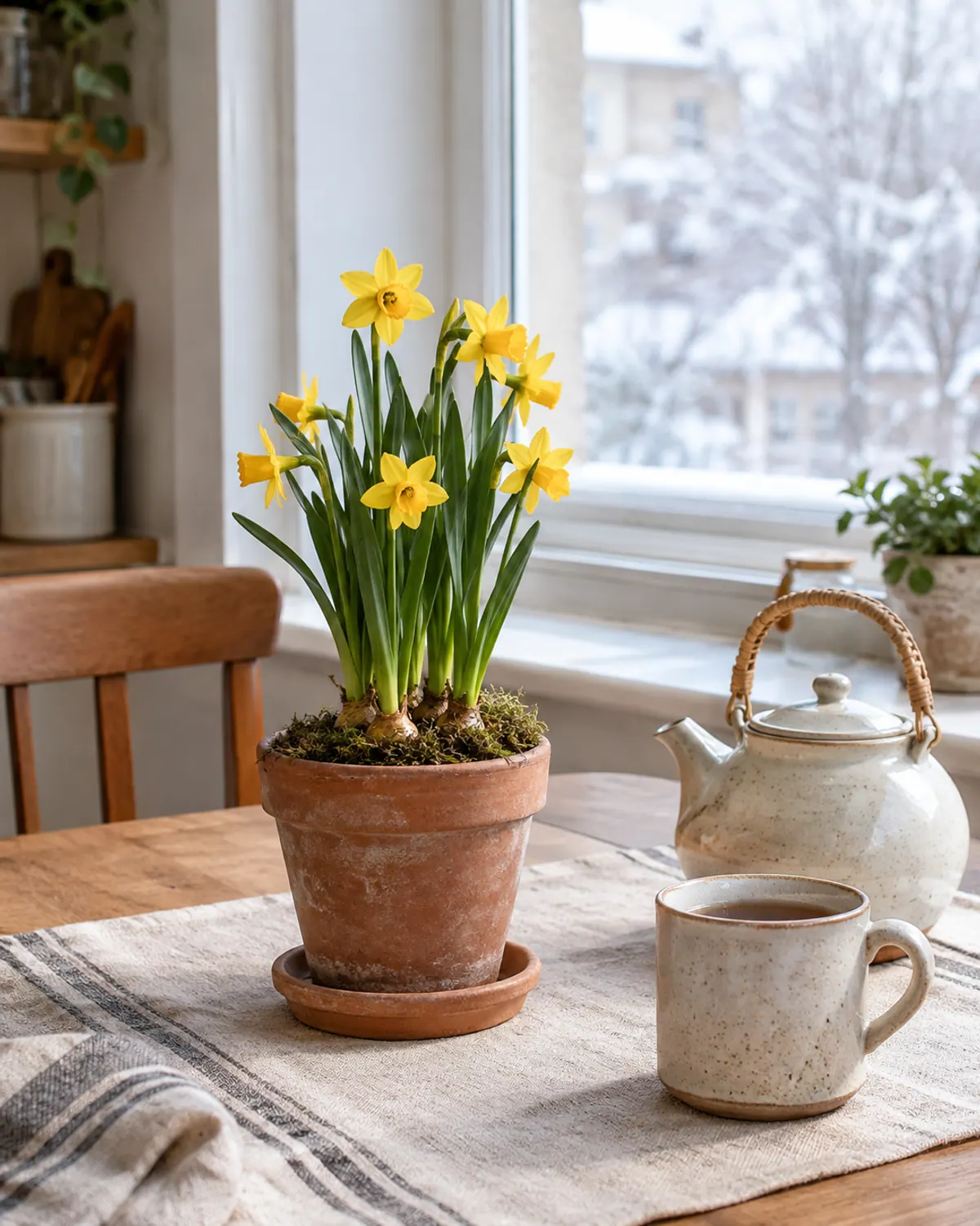 Forced yellow miniature daffodils blooming in a small clay pot on a kitchen table in winter