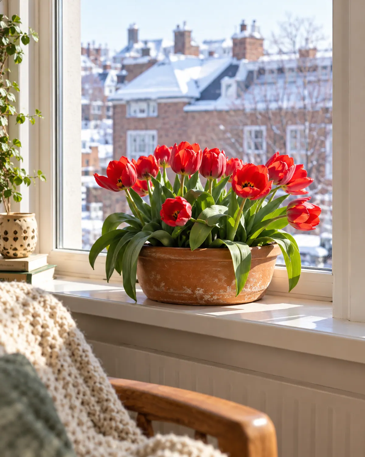 Pot of forced red tulips in bloom on a sunny apartment windowsill in February with snow outside