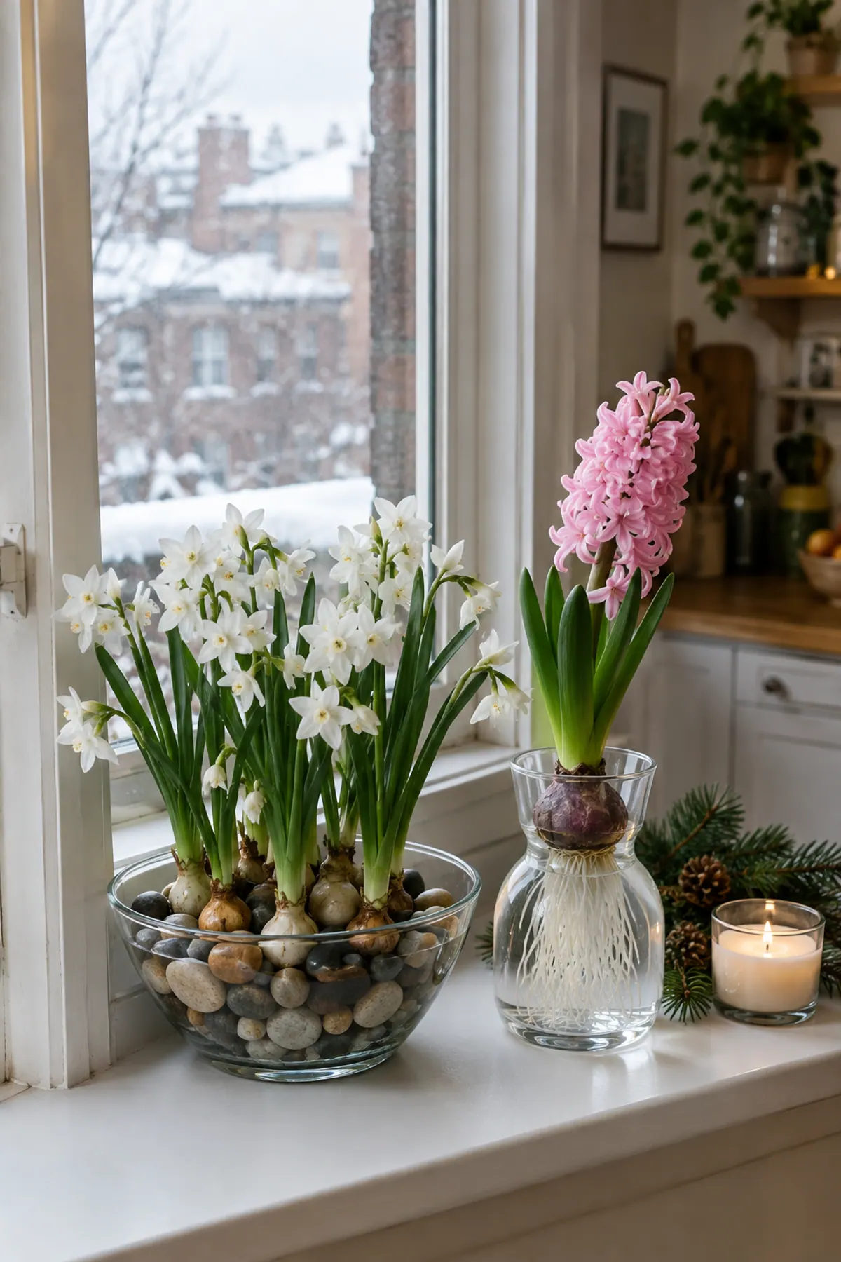 Forcing bulbs indoors for winter: white paperwhites in a glass bowl of pebbles and a pink hyacinth in a forcing vase on a snowy apartment windowsill with pine sprigs