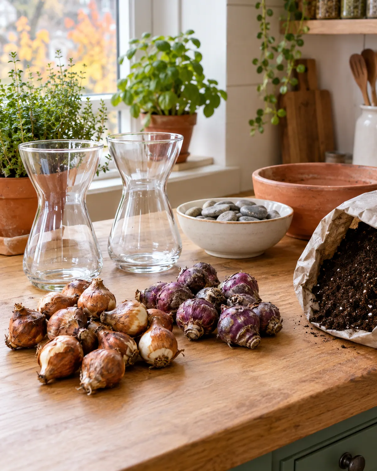 Bulb forcing supplies on a kitchen counter: tulip and hyacinth bulbs, glass forcing vases, a bowl of pebbles, a shallow pot and potting mix
