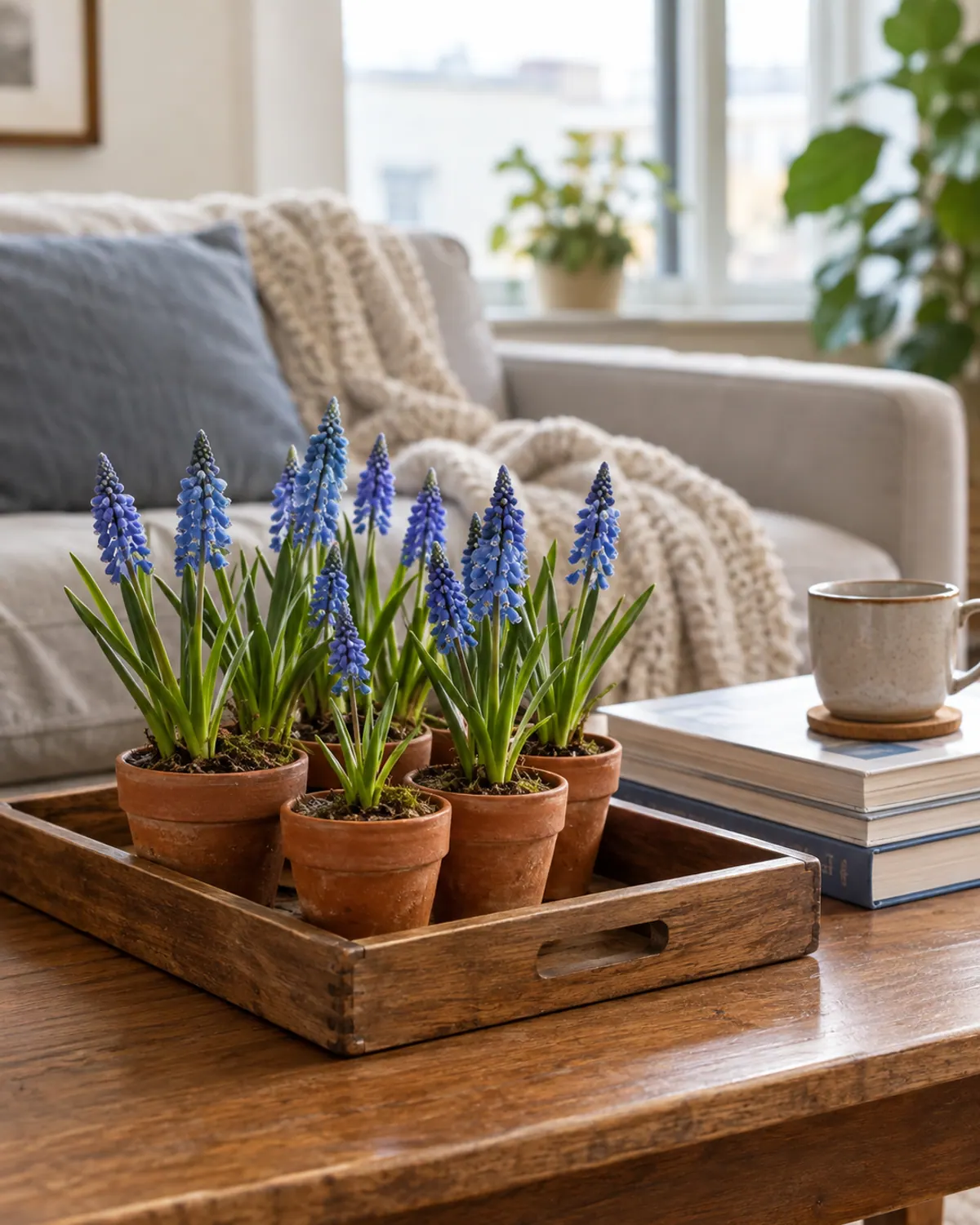 Blue grape hyacinths blooming in small clay pots grouped on a wooden tray on a coffee table in a small living room