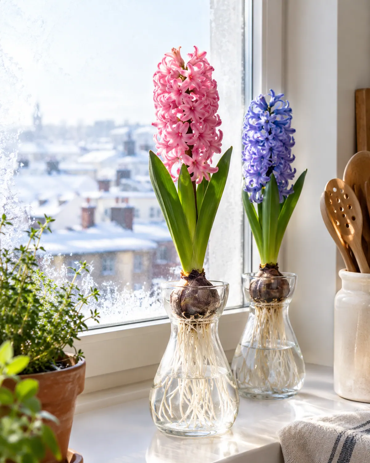 Pink hyacinth in full bloom in a glass forcing vase on a bright kitchen windowsill in winter, with white roots visible through the glass