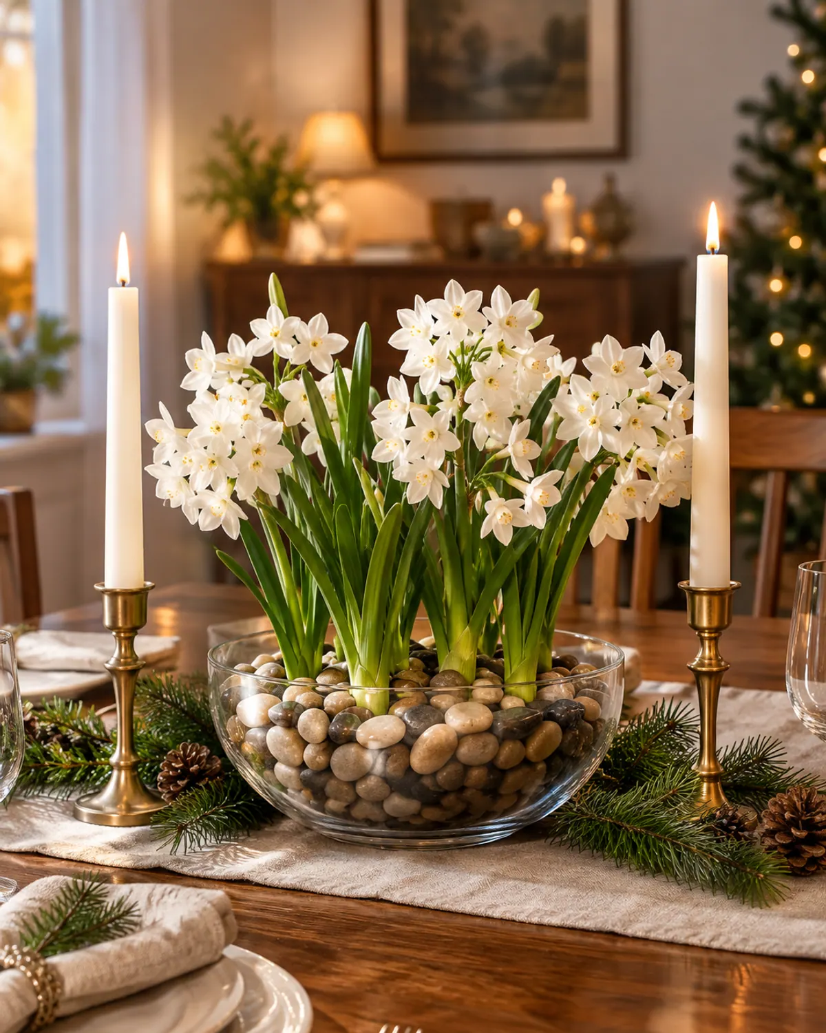 Short, sturdy paperwhites in full bloom in a glass bowl of pebbles as a Christmas centerpiece on a small dining table with candles