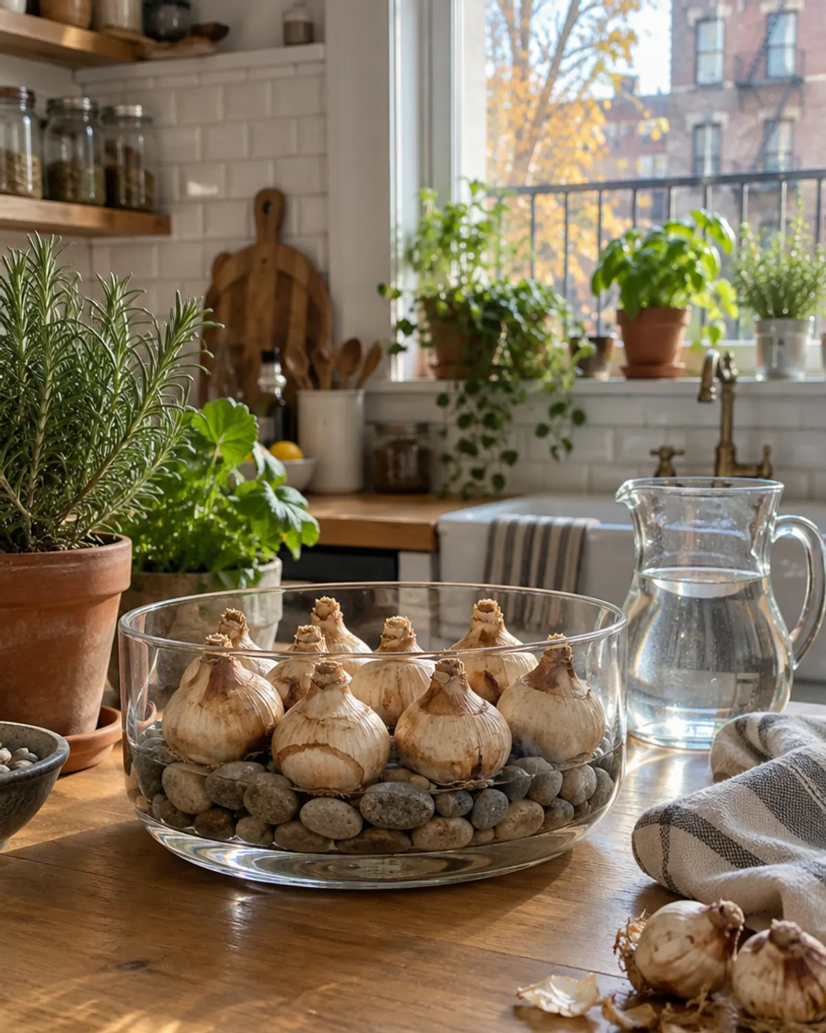 Paperwhite bulbs set on pebbles in a wide glass bowl with water reaching just the bottom of the bulbs, on a wooden kitchen counter