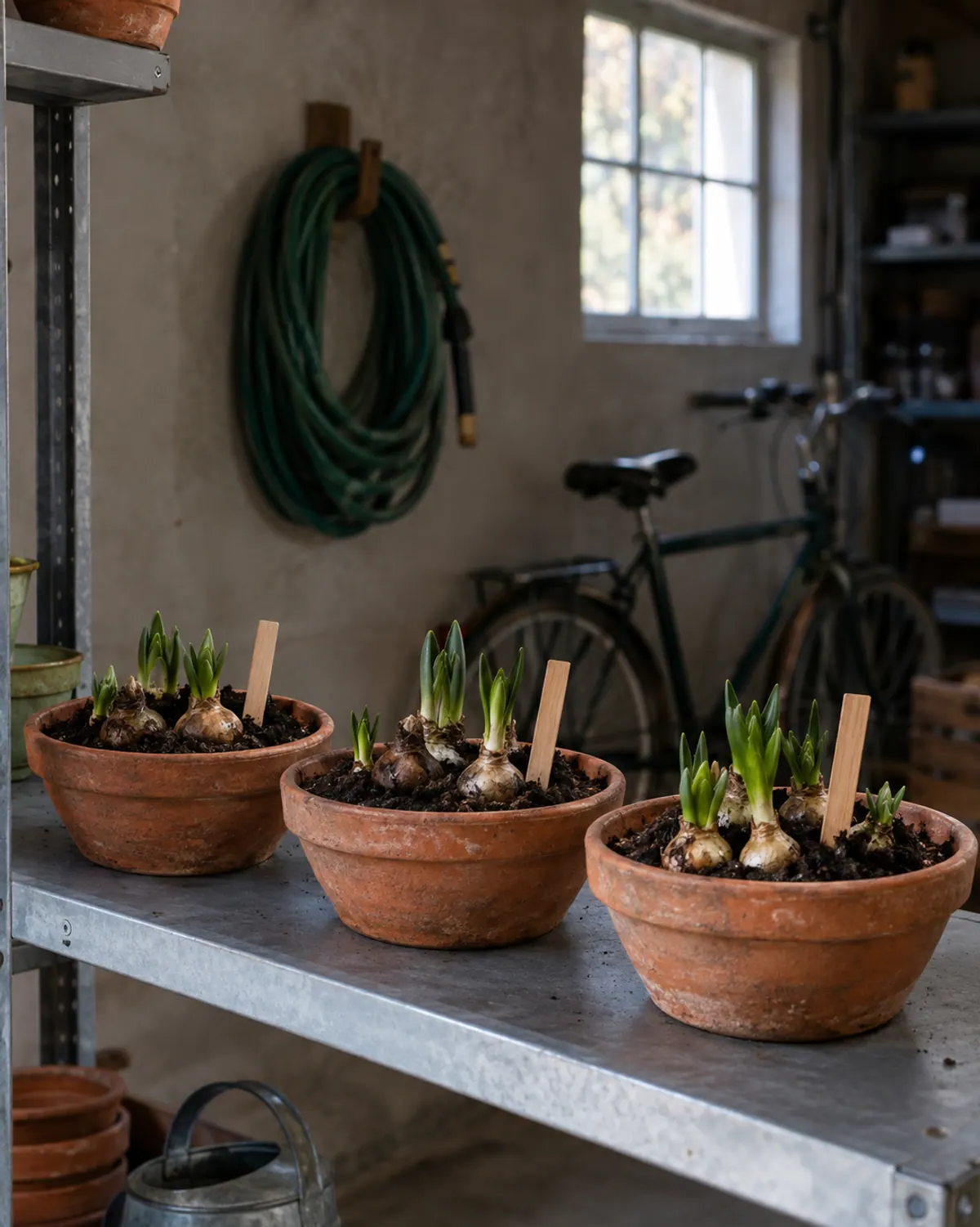 Three pots of planted bulbs with blank wooden labels on a shelf in a cool, dim garage in late autumn