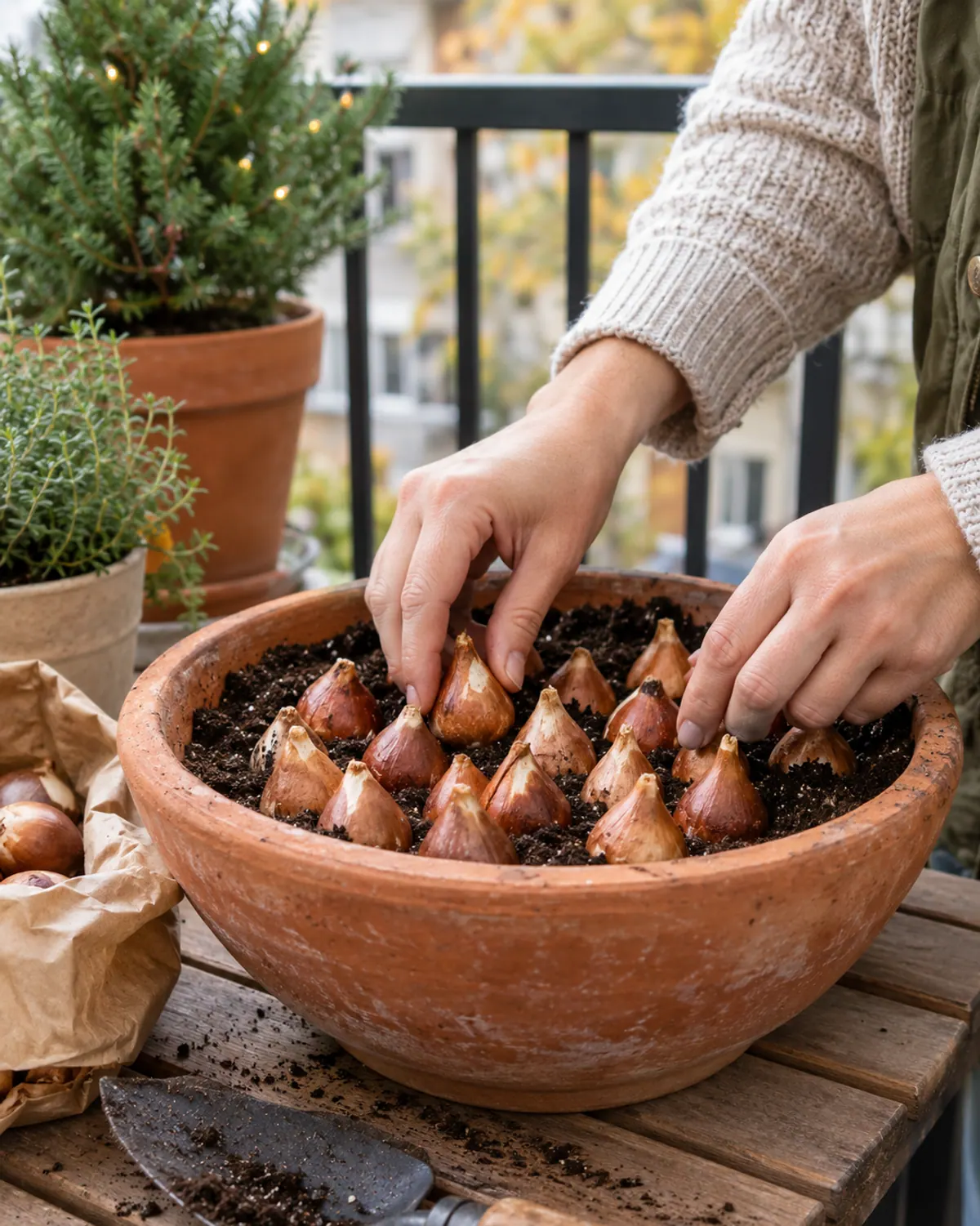 Hands placing tulip bulbs shoulder to shoulder in a shallow terracotta pot of potting mix, pointed tips up