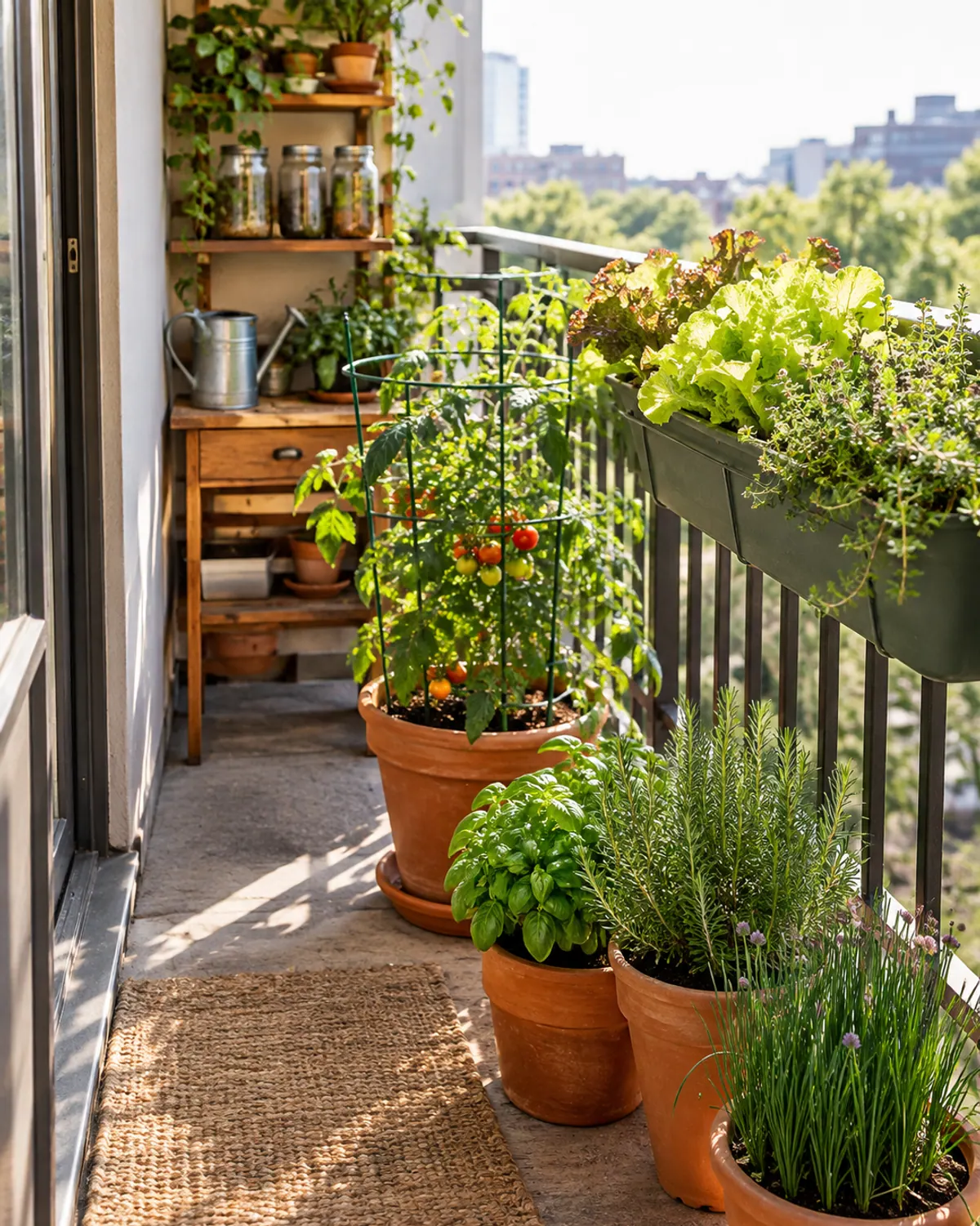 A sunny apartment balcony in summer with a cherry tomato in a terracotta pot, basil, rosemary, chives and lettuce in railing planters and containers