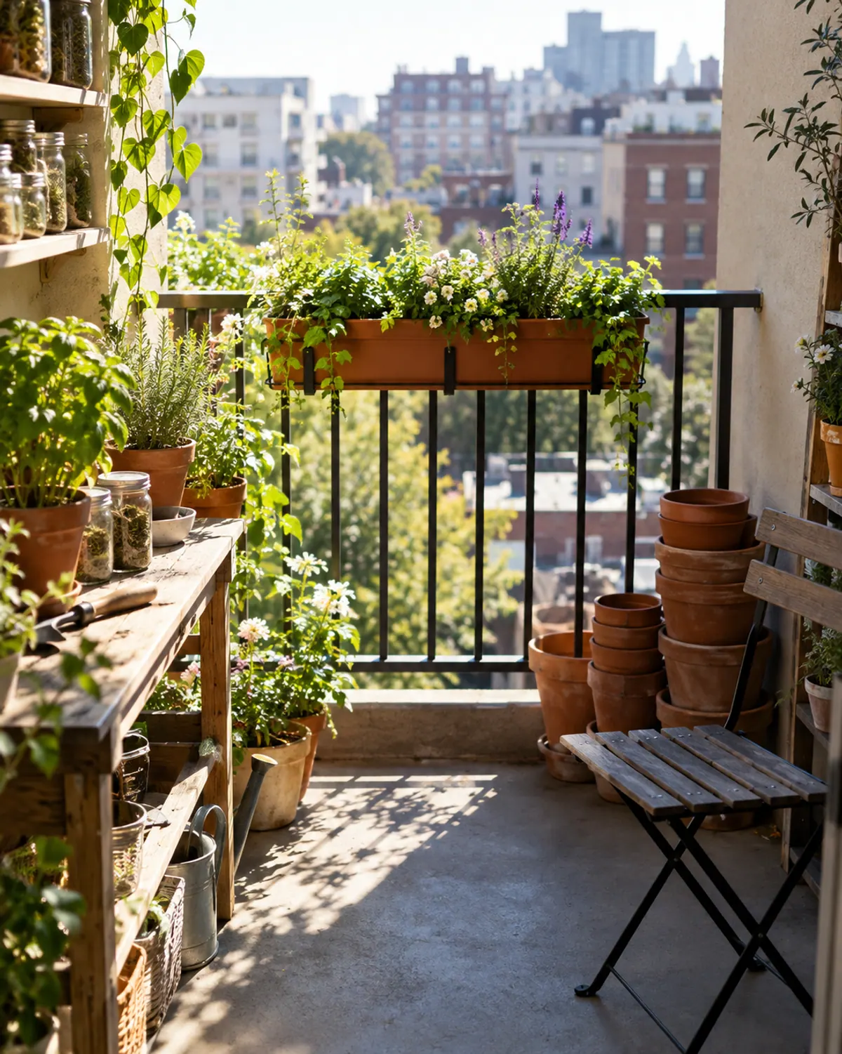 A small city balcony in morning light with sun falling on railing planters and shade across the floor near a folding chair, showing sun and shade zones