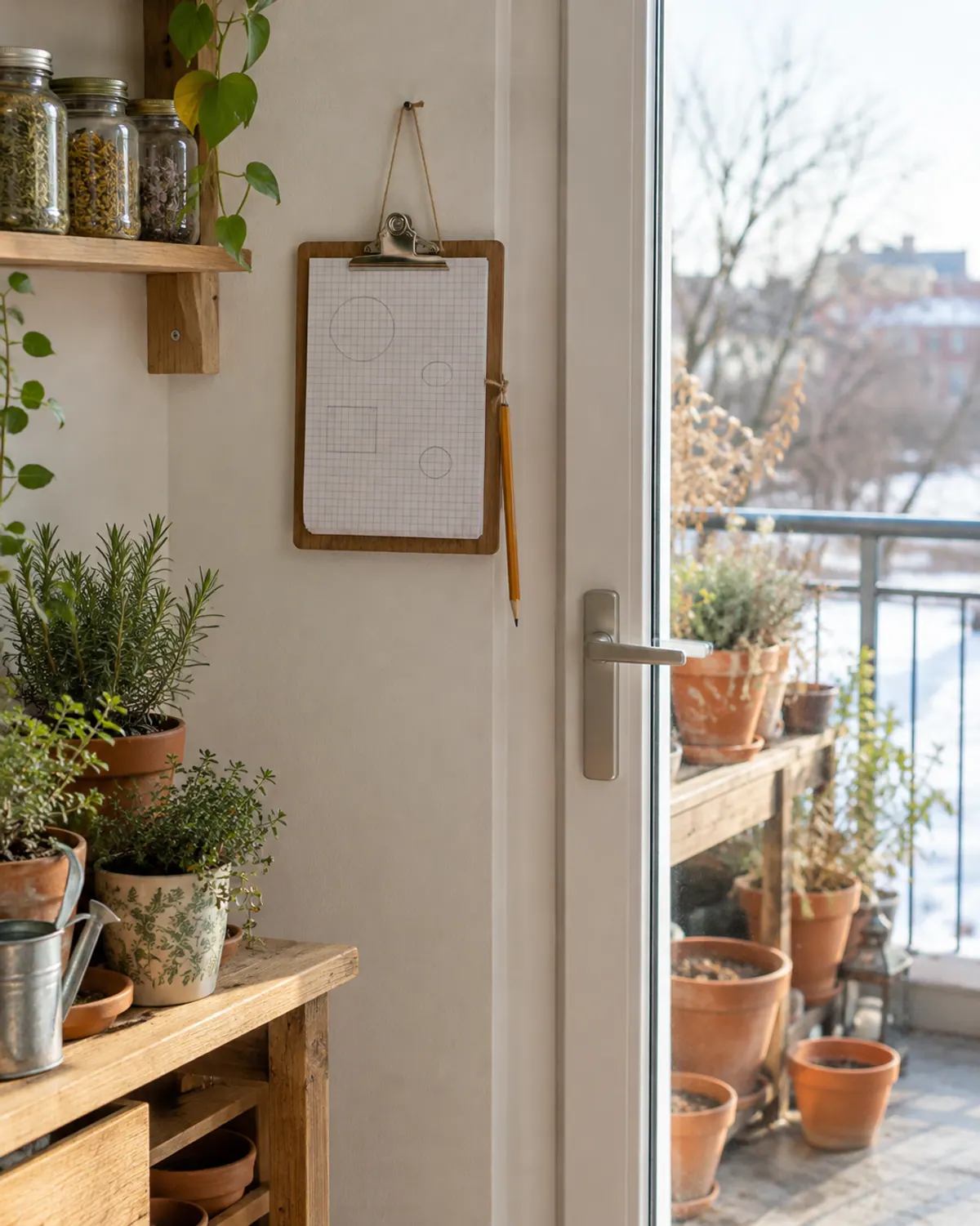 A clipboard with grid paper hanging by a balcony door, with potted rosemary and herbs on a wooden shelf and a snowy balcony outside