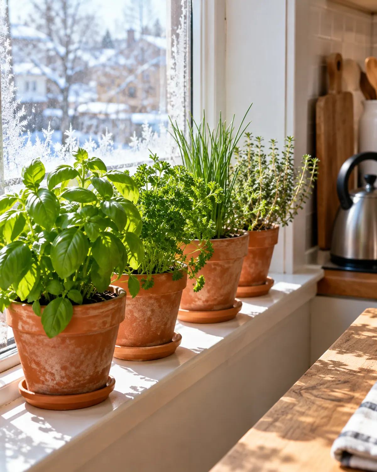 Basil, parsley, chives and thyme in terracotta pots on a sunny kitchen windowsill in winter with snow outside