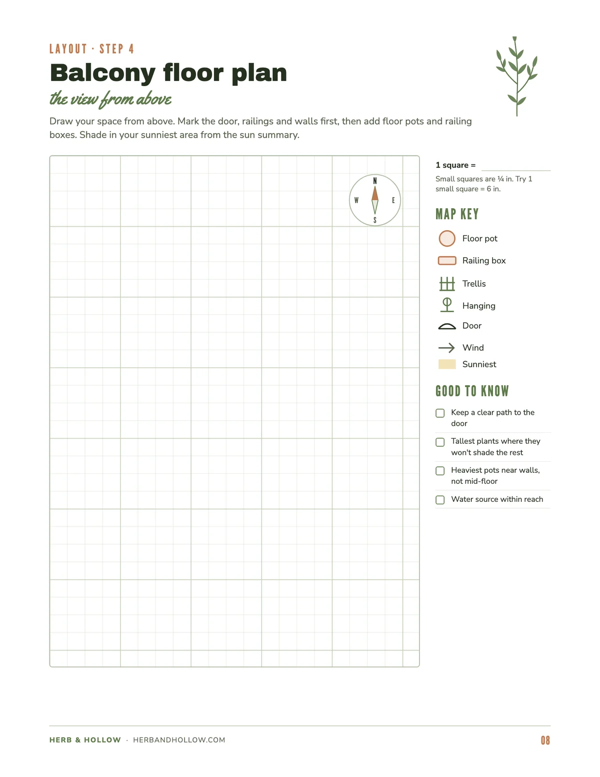 Balcony floor plan page from the free garden planner: a blank grid with a compass, a map key for pots, railing boxes and trellis, and layout tips