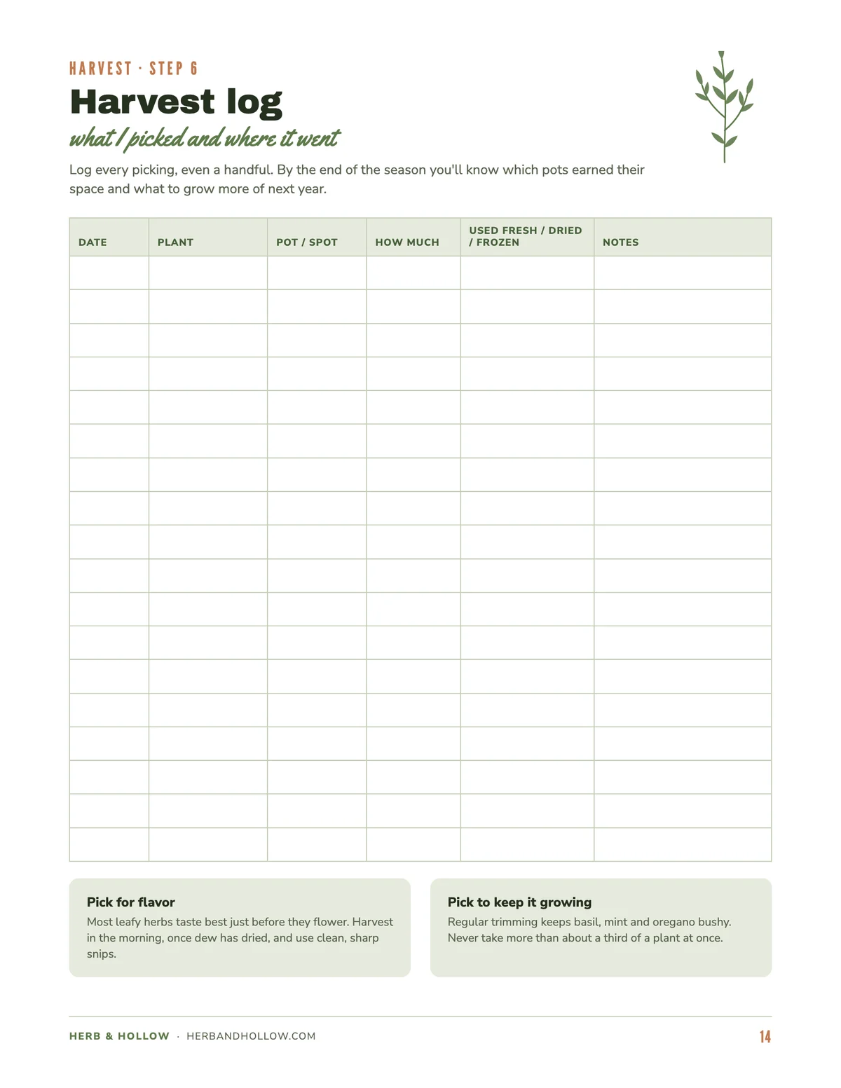 Harvest log page from the free garden planner printable with columns for date, plant, amount and notes