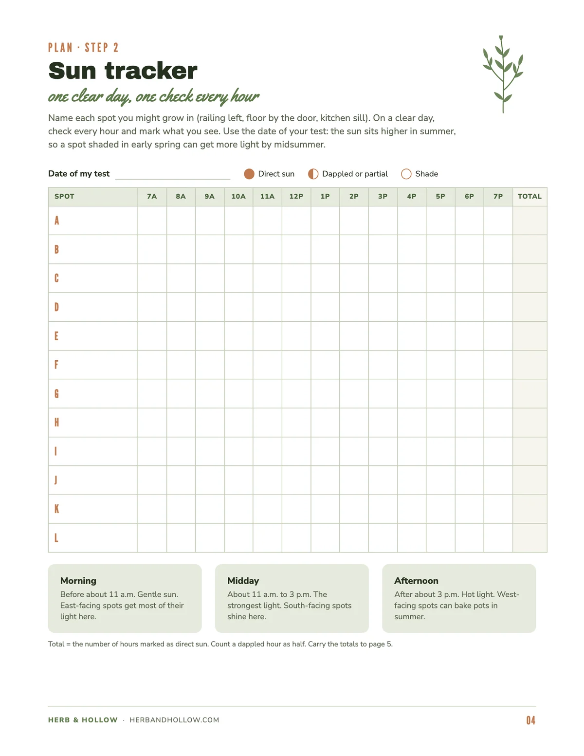 Sun tracker page from the free garden planner printable: an hourly grid from 7 a.m. to 7 p.m. for twelve spots labeled A to L