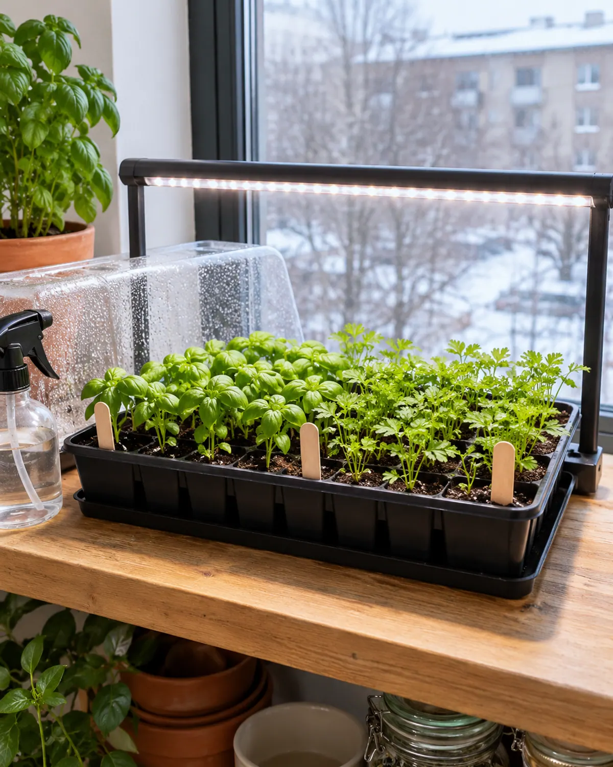 A seed tray of herb seedlings under a slim LED grow light on a wooden shelf by a snowy window in late winter
