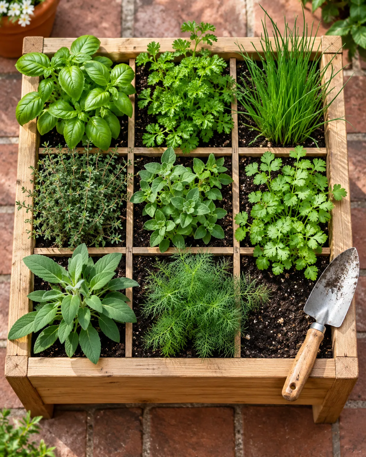 A square wooden herb planter divided into a nine-square grid with basil, parsley, chives, thyme, oregano, sage and dill on a brick patio