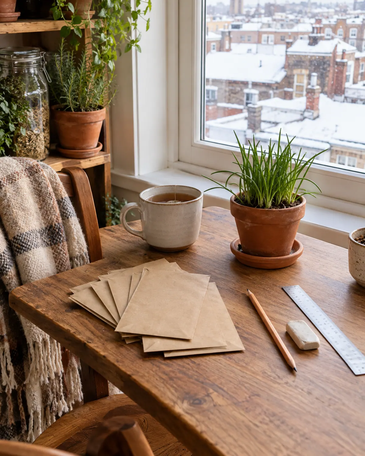 A wooden table by a snowy window with seed envelopes, a pencil, a ruler, a cup of tea and a potted chive plant, set up for winter garden planning