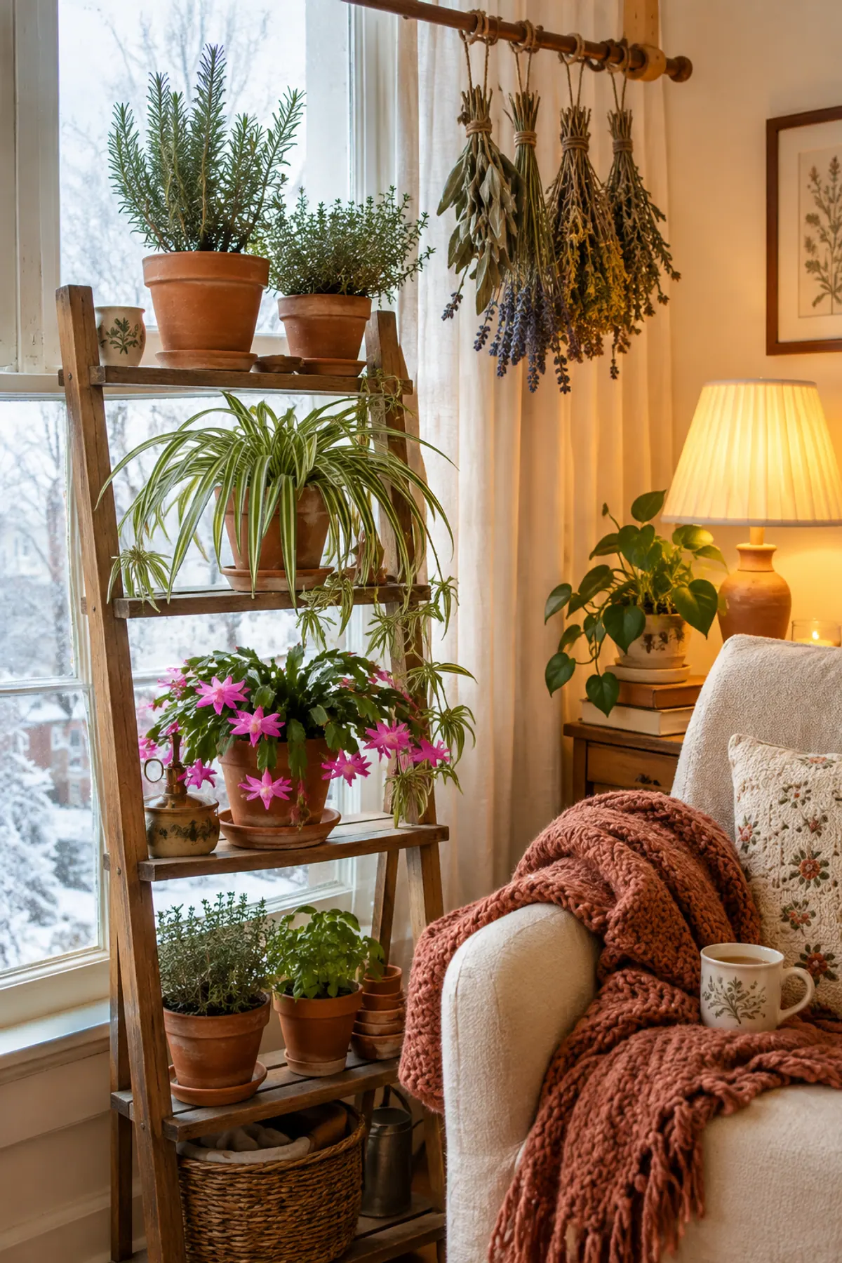 Gardening aesthetic winter plant corner with terracotta pots of herbs and houseplants on a wooden stand by a frosty window