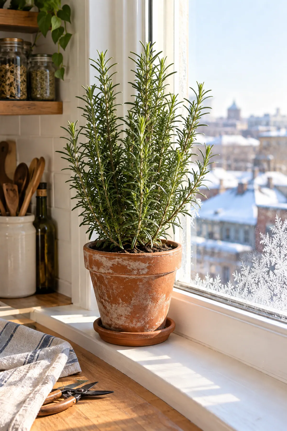Growing rosemary indoors: an upright rosemary plant in a terracotta pot on a sunny, frosty kitchen windowsill in winter