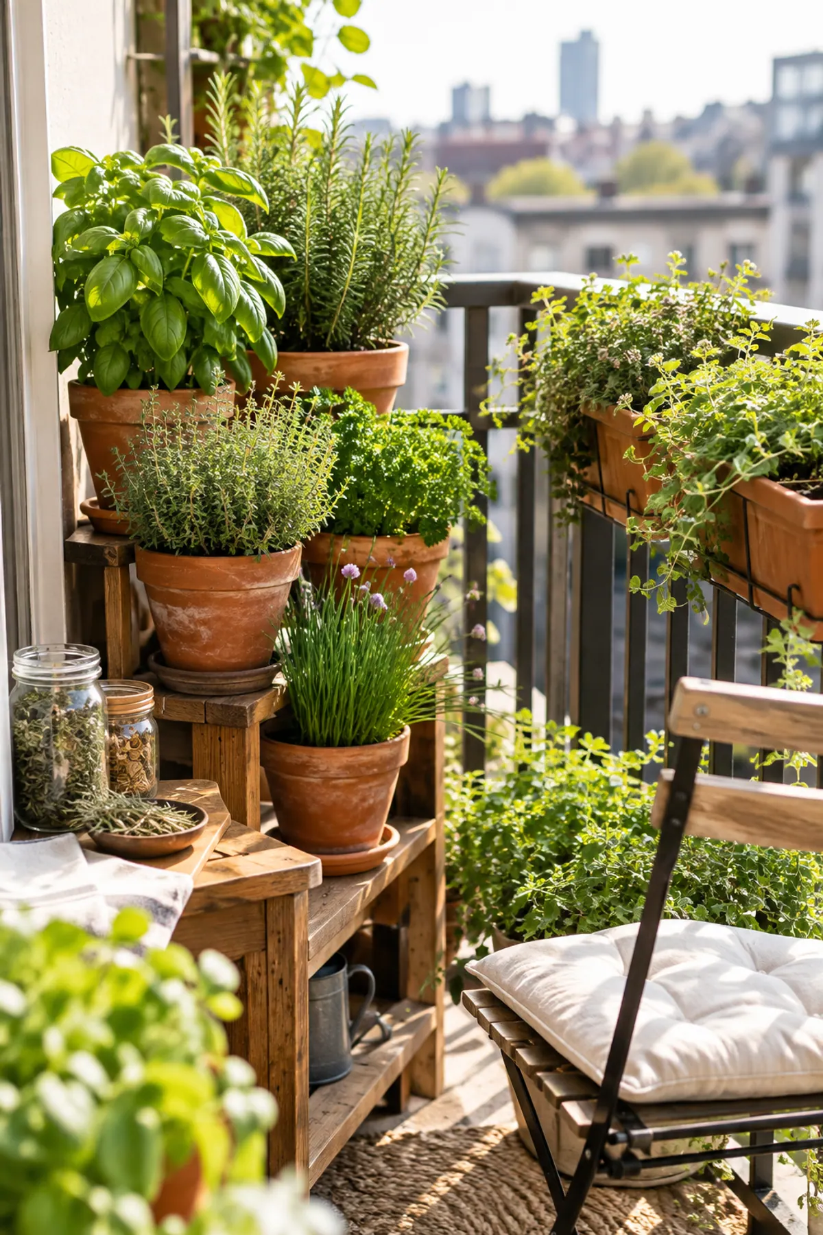 Herb garden ideas for a small balcony: terracotta pots of basil, rosemary, thyme, parsley and chives on a plant stand and railing planter in morning sun