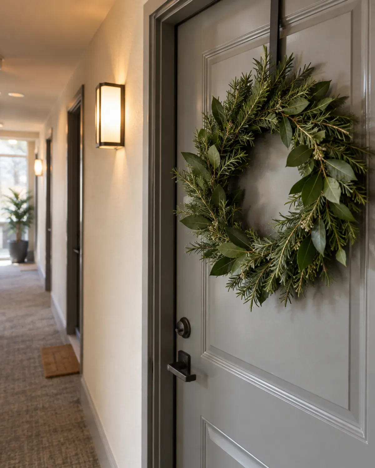 Herb wreath of rosemary and bay hanging from a black over-the-door wreath hanger on an apartment hallway door