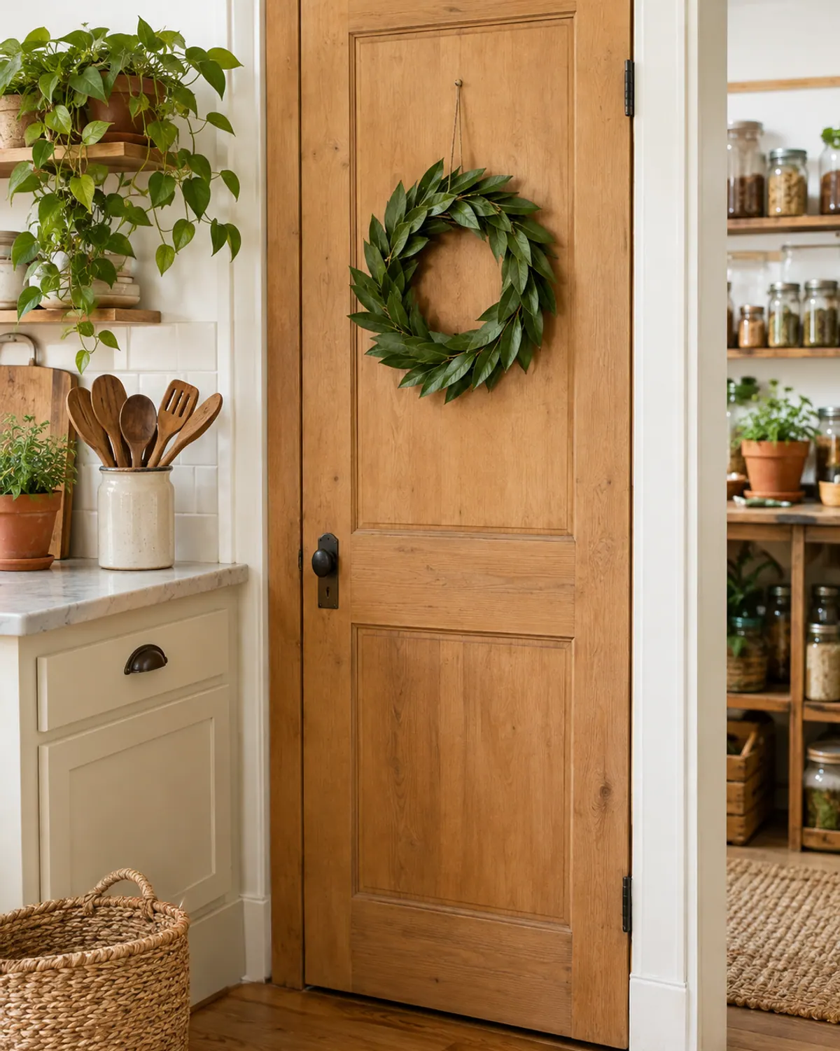 Bay leaf wreath of overlapping glossy green leaves on a small wire form hanging on a wooden pantry door