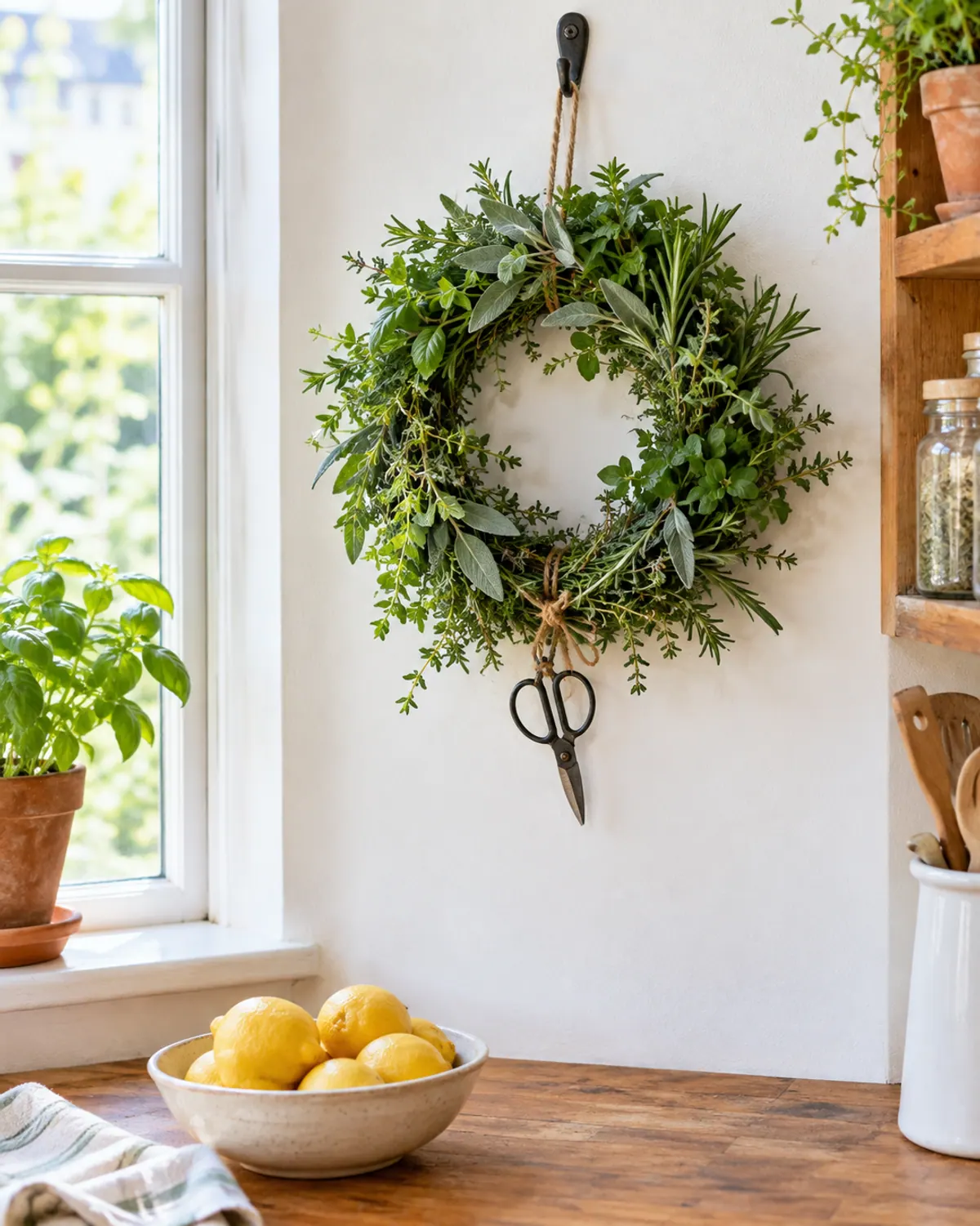 Fresh culinary herb wreath of rosemary, thyme, sage and oregano with small scissors tied on with twine, on a kitchen wall