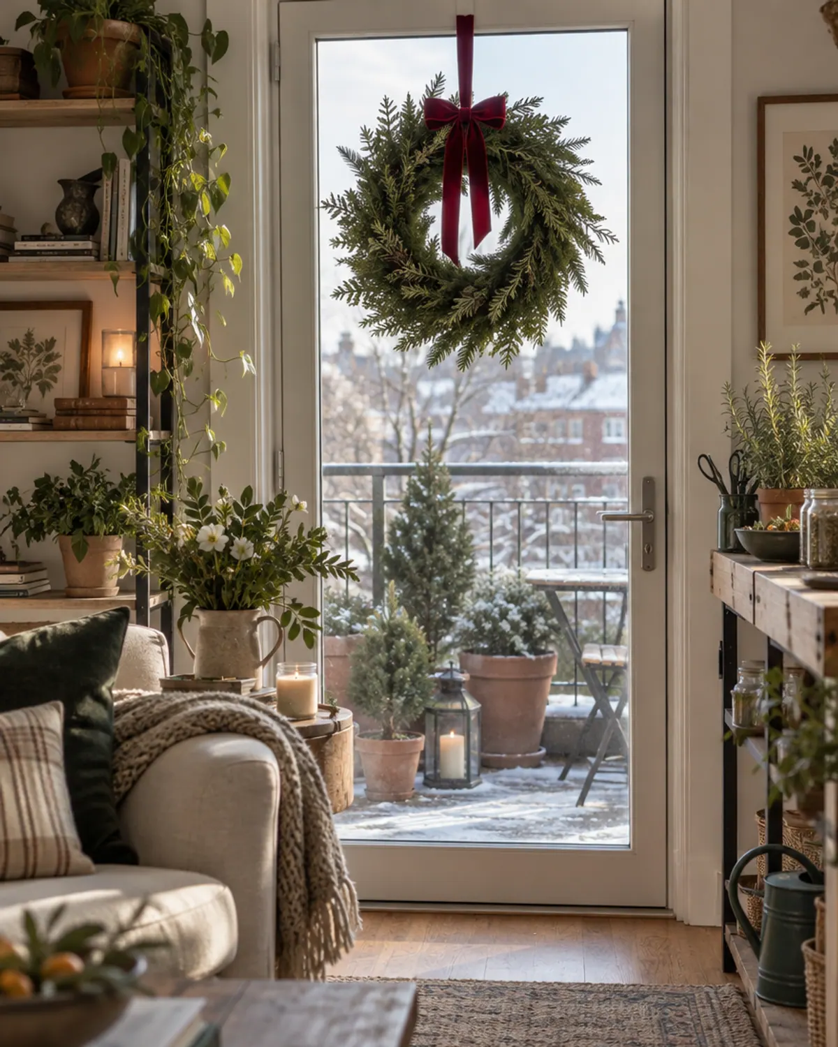 Christmas herb wreath mixing rosemary, cedar and pine sprigs with a red velvet ribbon on a balcony door