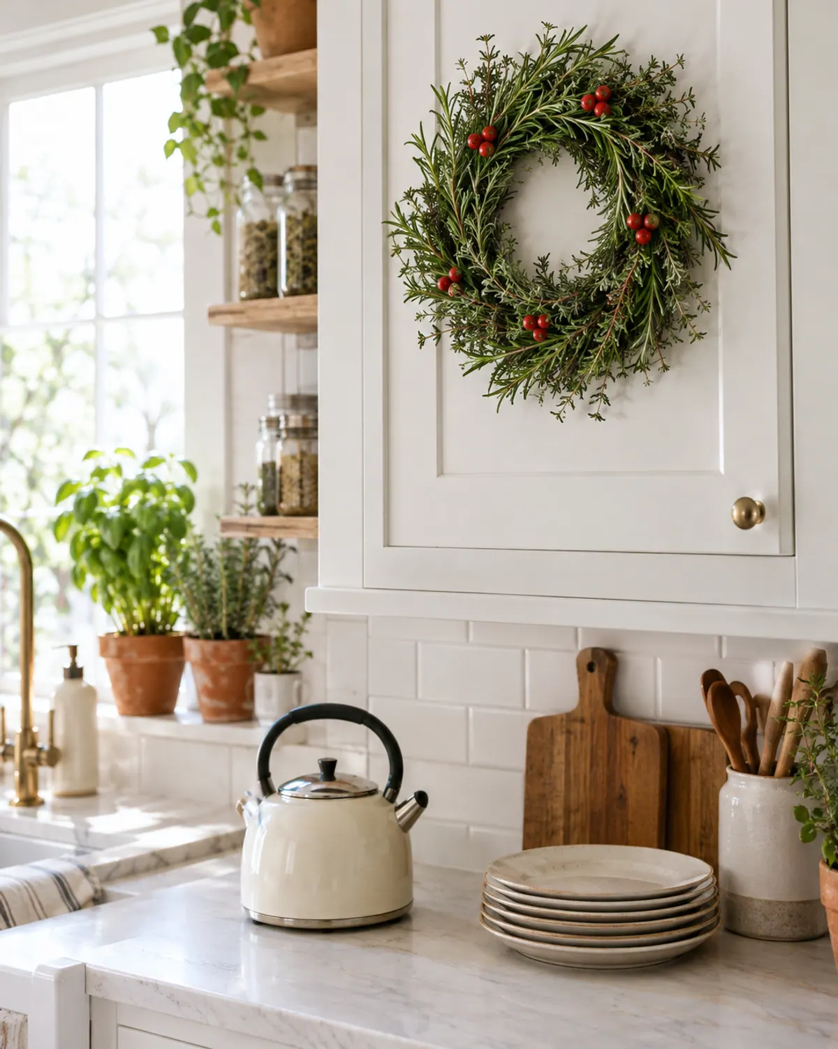 Rosemary and thyme herb wreath dotted with faux red berry picks hanging on a white kitchen cabinet door