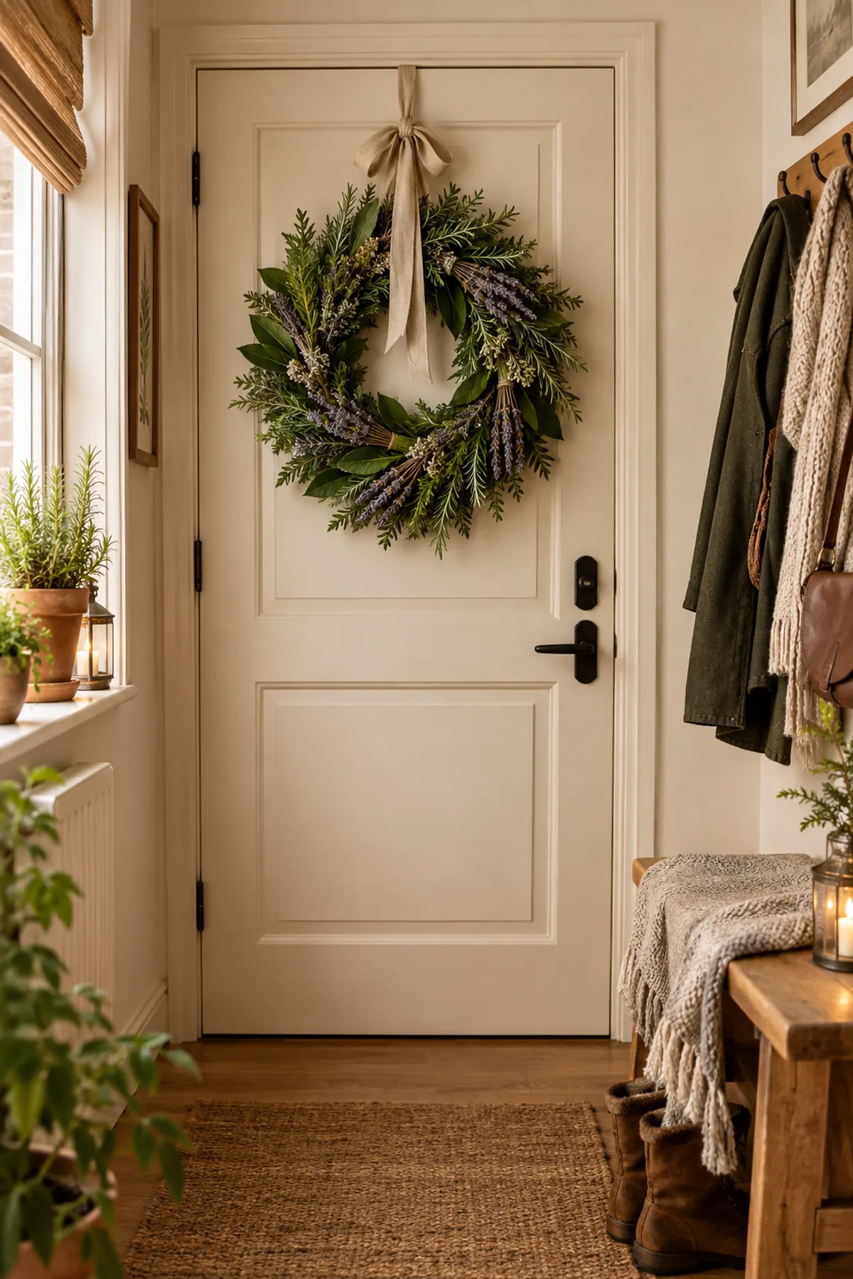 Herb wreath of rosemary, bay leaves, thyme and lavender with a linen ribbon hanging on a cream apartment door in December