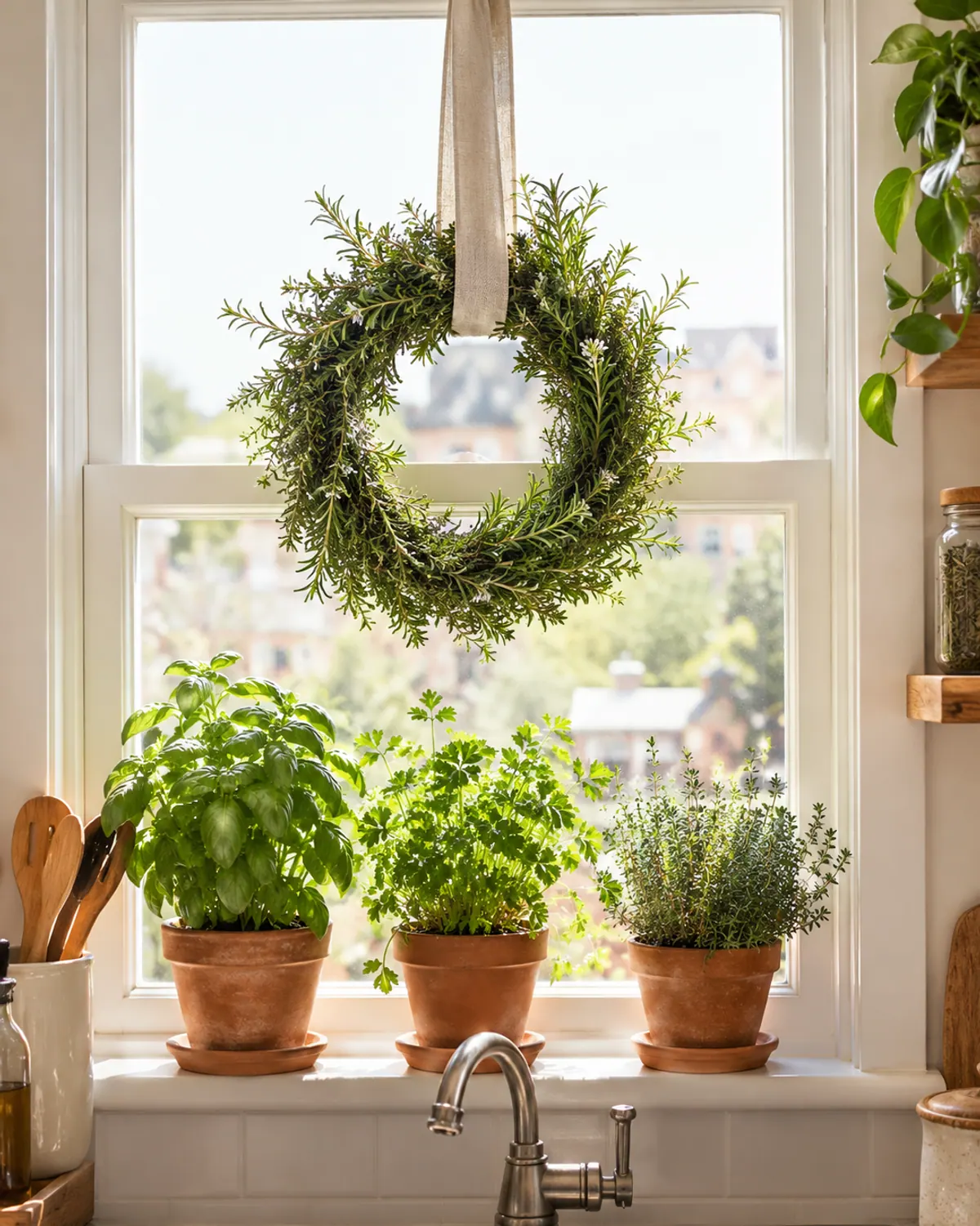 Herb wreath hung with a long linen ribbon in front of a kitchen window above a sink with potted herbs on the sill