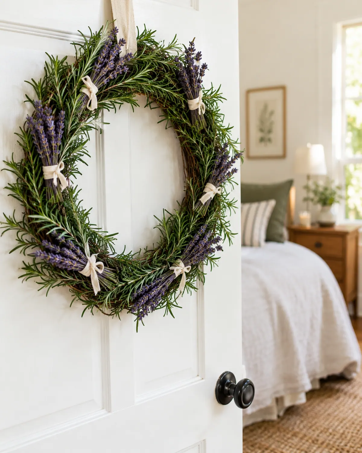 Herb wreath of dried lavender bundles and rosemary on a grapevine form hanging on a bedroom door in a small apartment