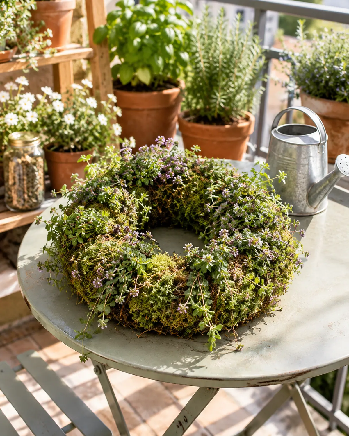 Living herb wreath of creeping thyme growing in a moss-filled wire form, lying on a sunny balcony table