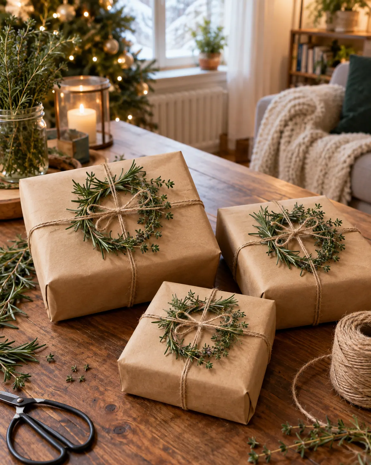 Tiny rosemary and thyme wreaths about 3 inches wide tied onto kraft-paper wrapped gifts with twine