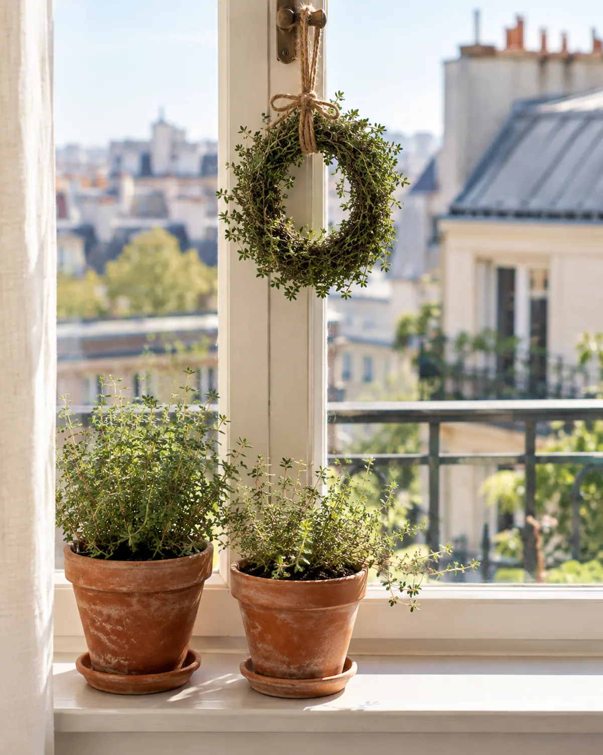 Small 6-inch thyme wreath tied with twine hanging from a window latch in a sunny small apartment kitchen