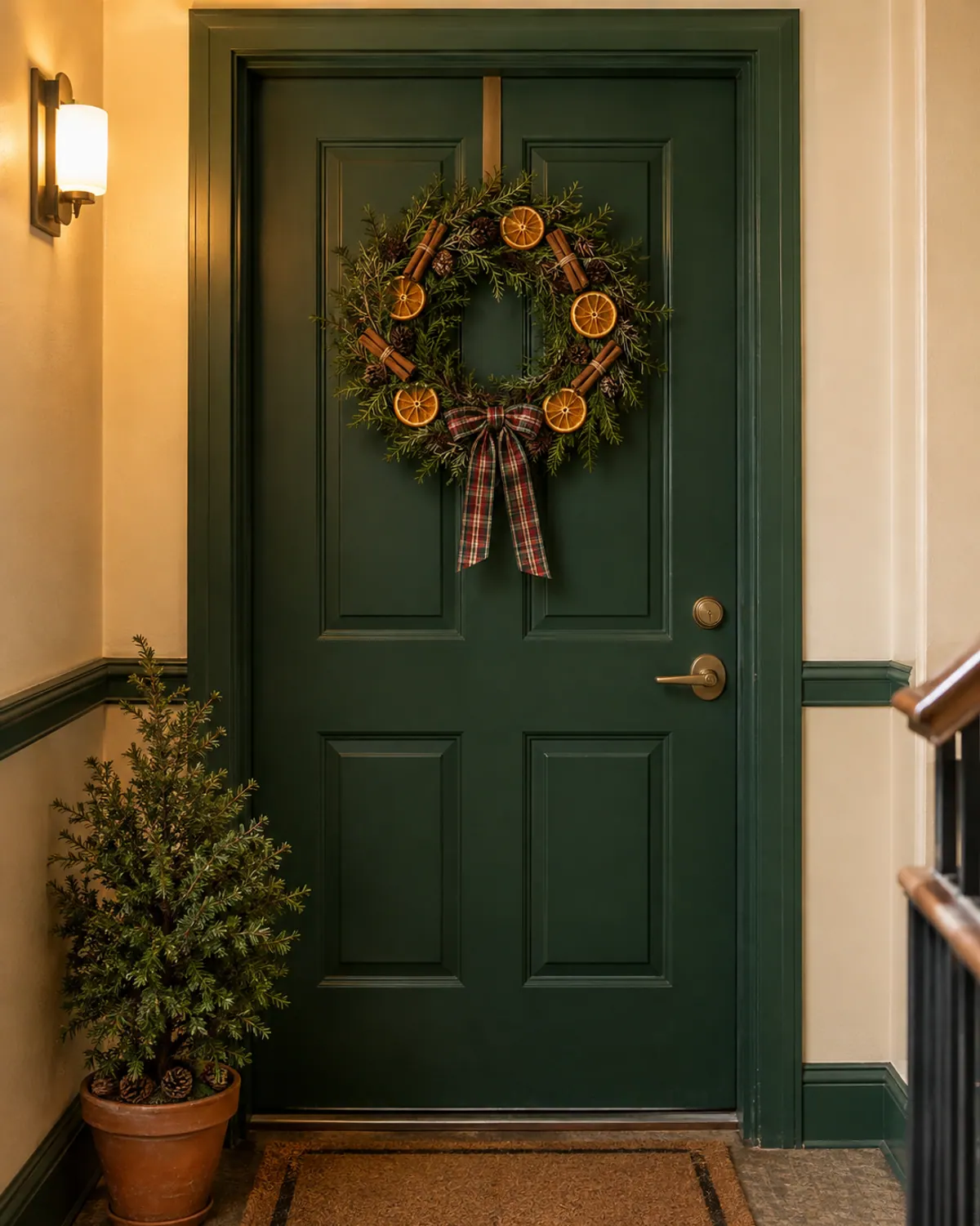 Christmas rosemary wreath with dried orange slices and cinnamon sticks wired on, hanging on an apartment front door