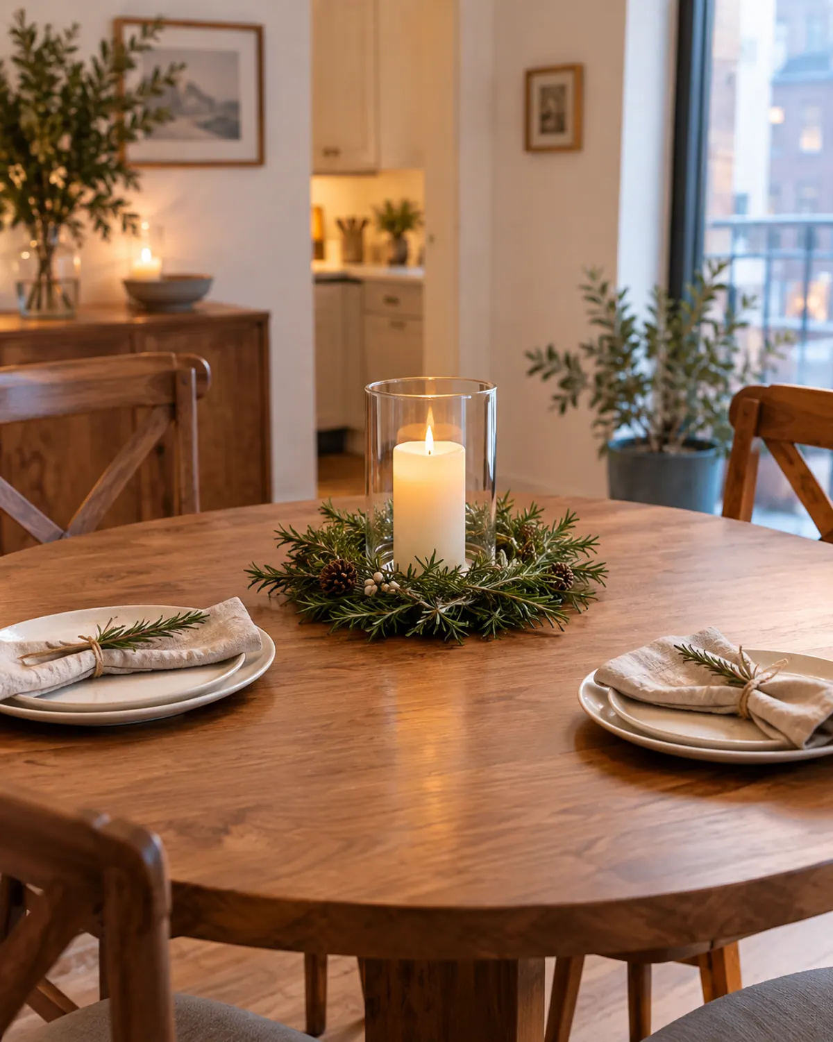 Small rosemary wreath lying flat on a dining table around a glass hurricane holding a flameless LED pillar candle
