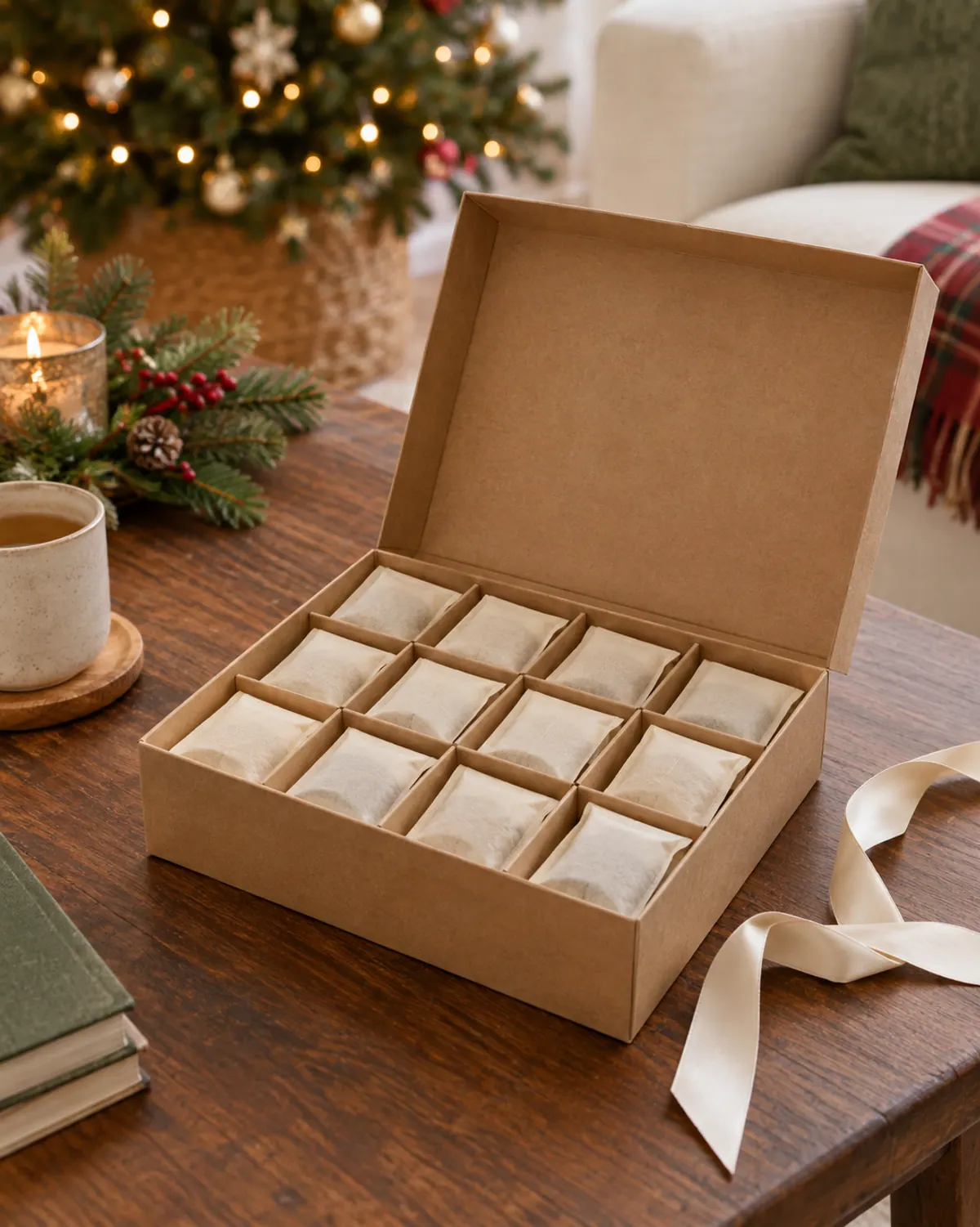 An open kraft herbal tea sampler gift box with rows of tea sachets on a living room coffee table near a Christmas tree and a ribbon