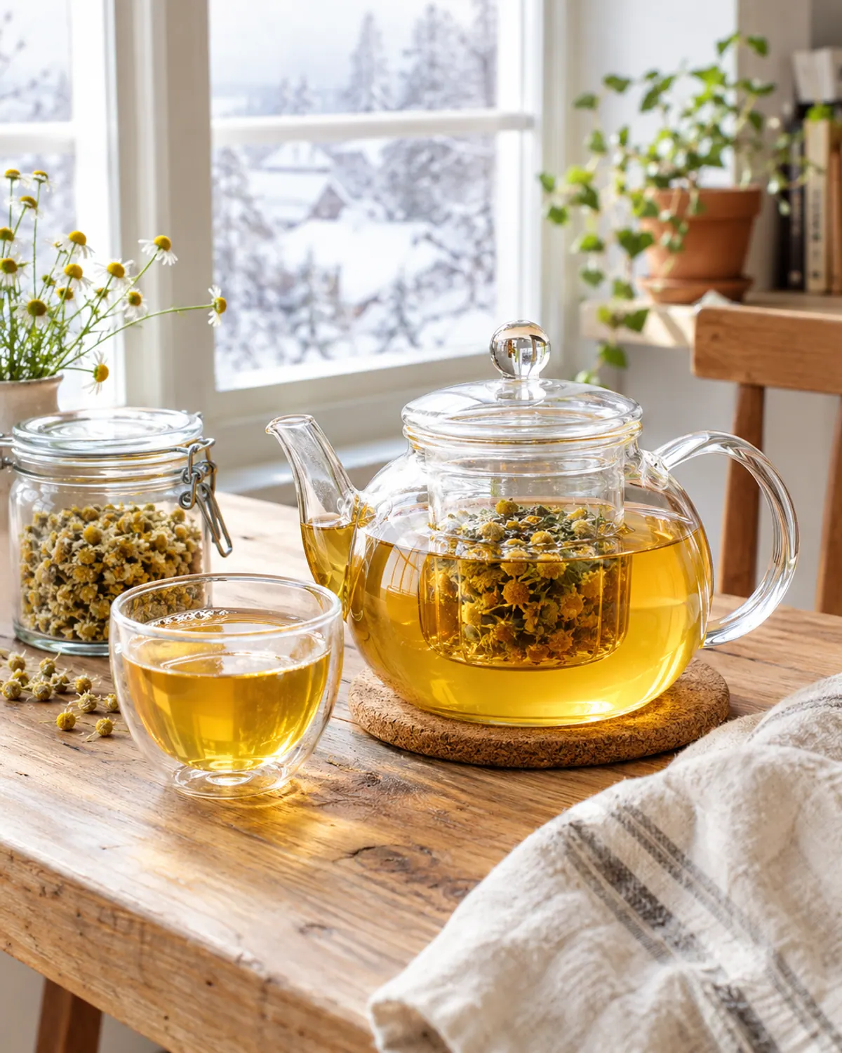 A glass teapot with a chamomile-filled infuser on a cork trivet beside a glass cup of herbal tea and a jar of dried chamomile on a wooden table by a snowy window