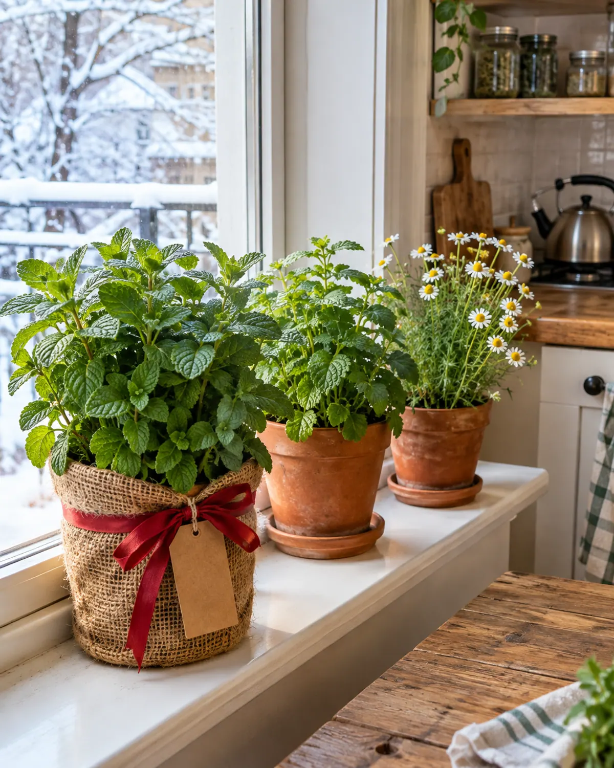 Potted mint, lemon balm and flowering chamomile on a snowy kitchen windowsill, the largest pot wrapped in burlap with a red ribbon and a kraft gift tag