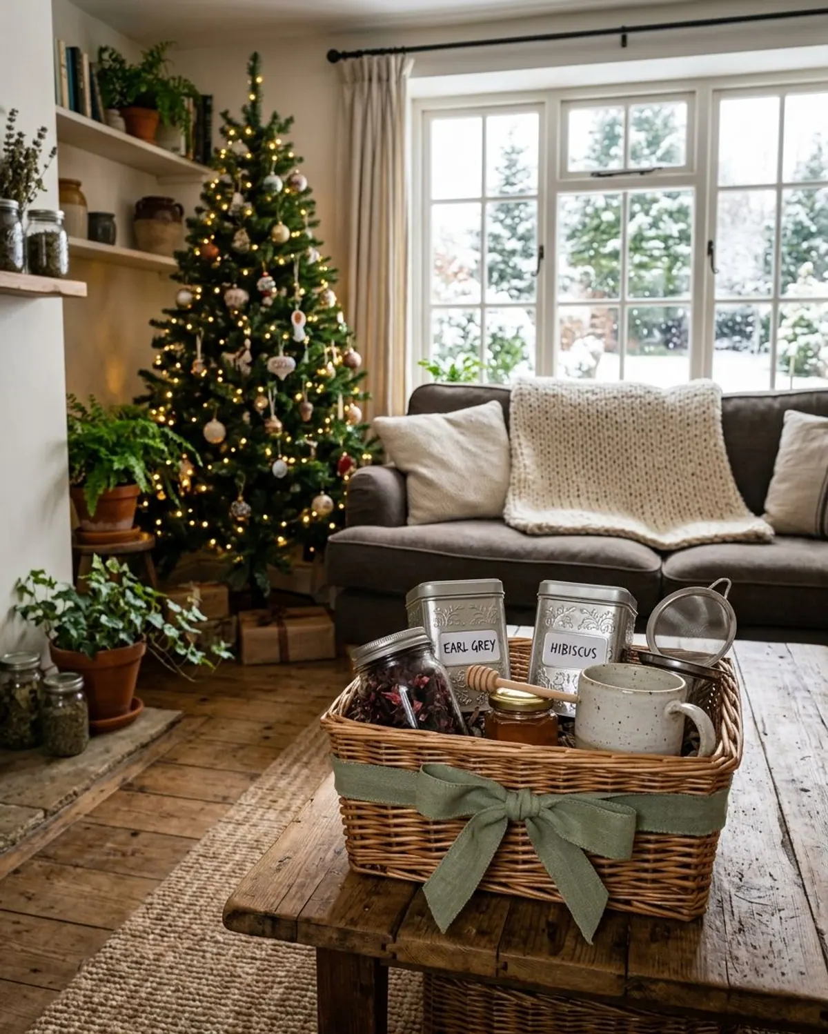 A wicker herbal tea gift basket tied with a sage green ribbon holding tea tins, a jar of dried hibiscus, honey with a dipper, a stoneware mug and an infuser on a coffee table in a living room at Christmas