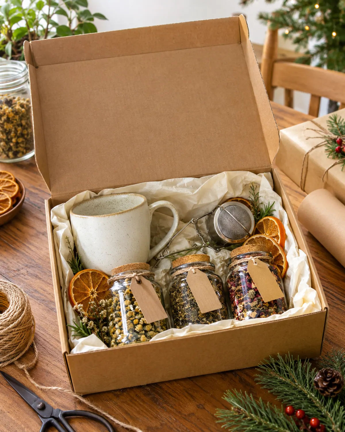 A kraft gift box lined with tissue holding a mug, a tea infuser and three glass jars of dried herbs with kraft tags, with dried orange slices and twine on a wooden table