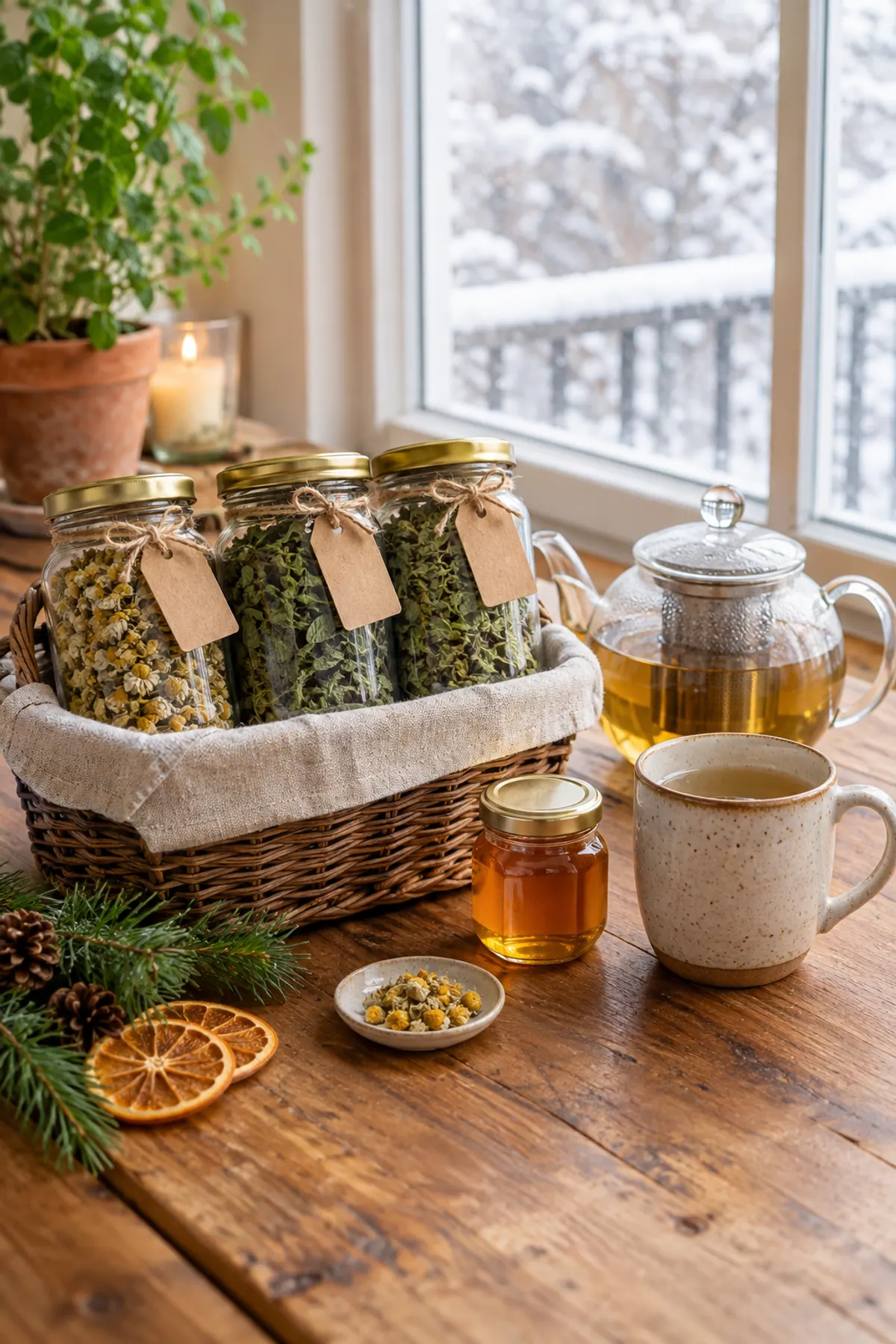 Herbal tea gift ideas: a kraft gift box of dried chamomile and mint jars with a glass teapot, mug and potted mint on a wooden table by a snowy window