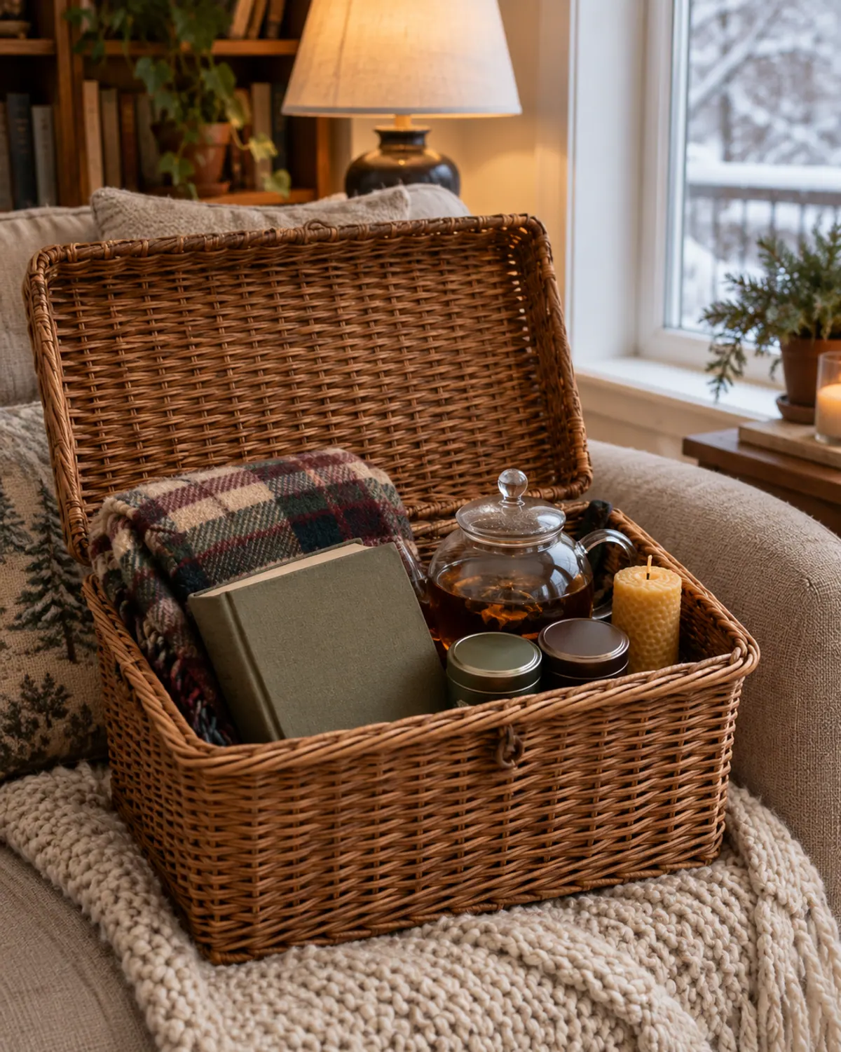 A lidded wicker hamper on a sofa holding a plaid throw, a book, a small glass teapot and tins of tea, beside a beeswax candle in a cozy living room