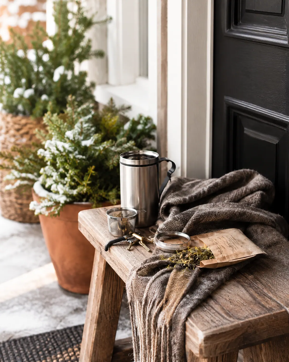 A stainless tea infuser tumbler and a small pouch of loose herbal tea on a wooden bench beside a wool scarf by a front door in winter
