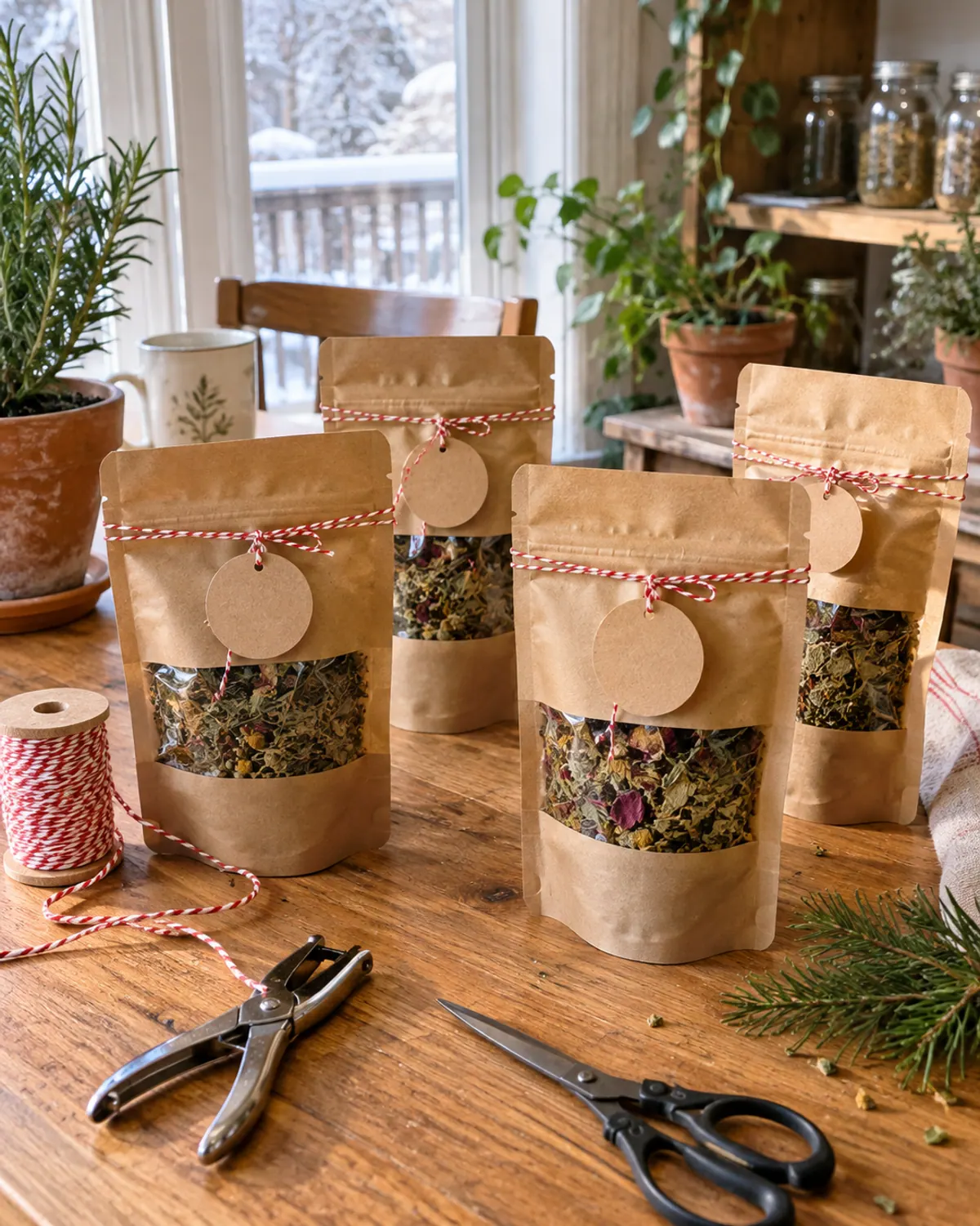 Kraft stand-up tea pouches with clear windows showing dried herbal tea, tied with red and white baker's twine and kraft tags, on a wooden table with a hole punch and scissors