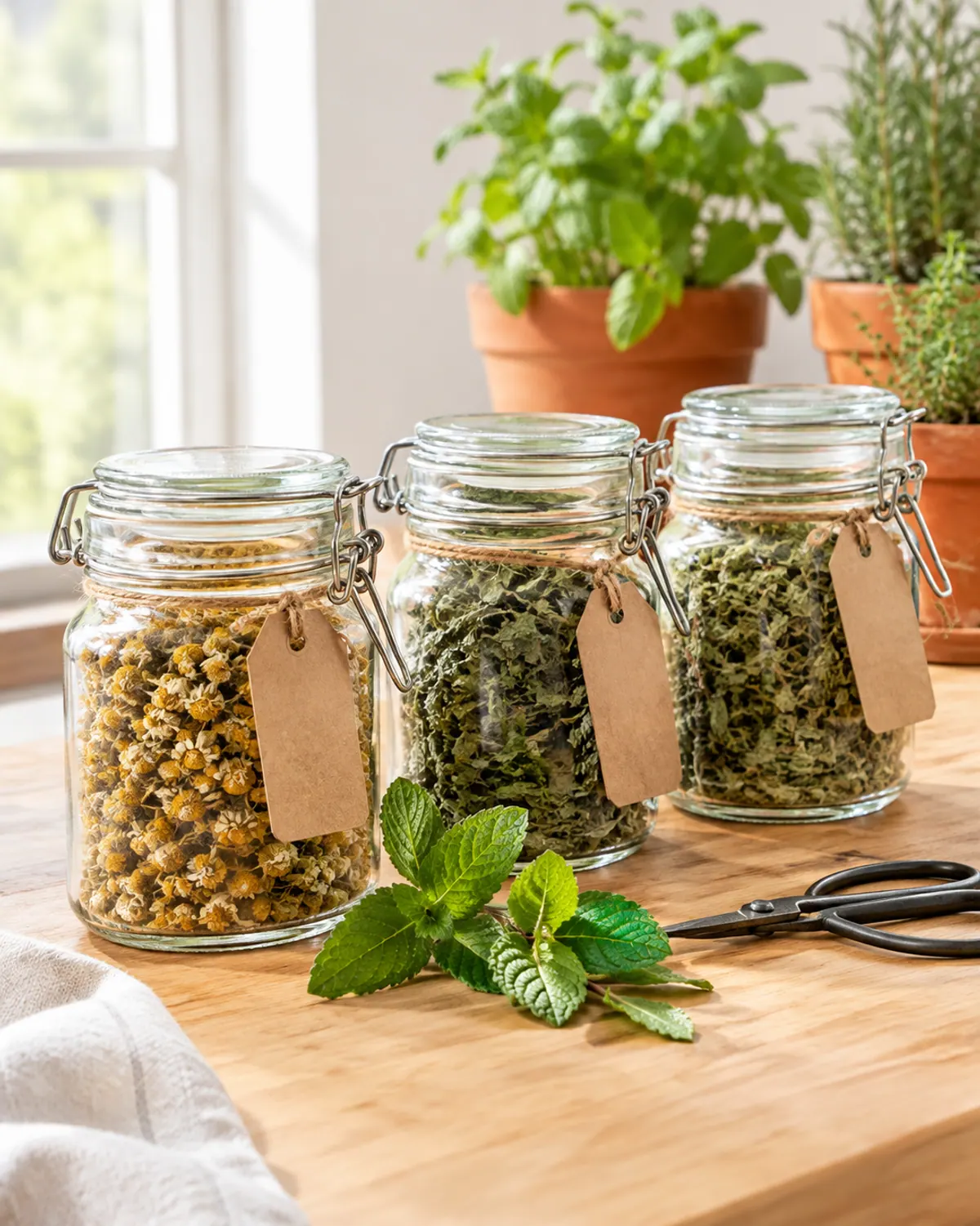 Three swing-top glass jars of dried chamomile, peppermint and lemon balm with blank kraft tags on a kitchen table beside potted herbs and a sprig of fresh mint