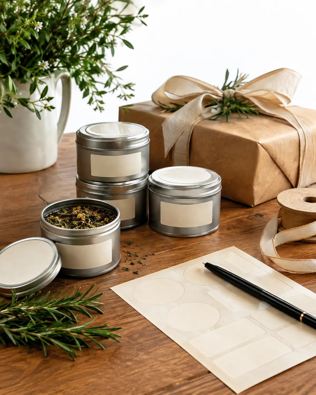 Small silver tea tins with blank labels, a kraft-wrapped gift with a cream ribbon and a rosemary sprig, and a sheet of round labels with a pen on a wooden table