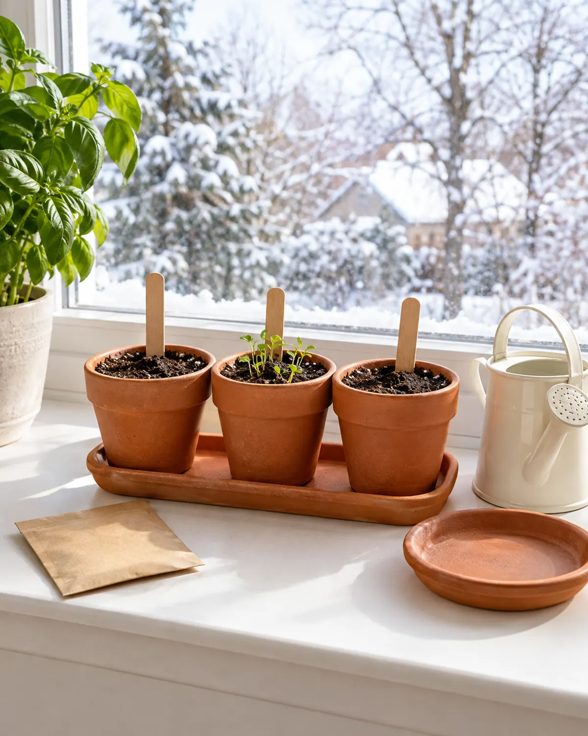 A windowsill tea herb grow kit of three small terracotta pots with wooden markers on a tray in front of a snowy window, with a small watering can